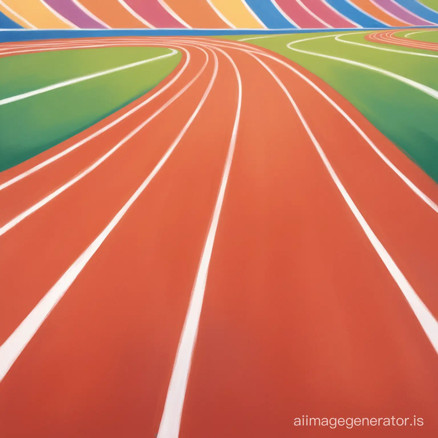 a closeup of  a running track with vibrant color drawn in a children's book disney style. 