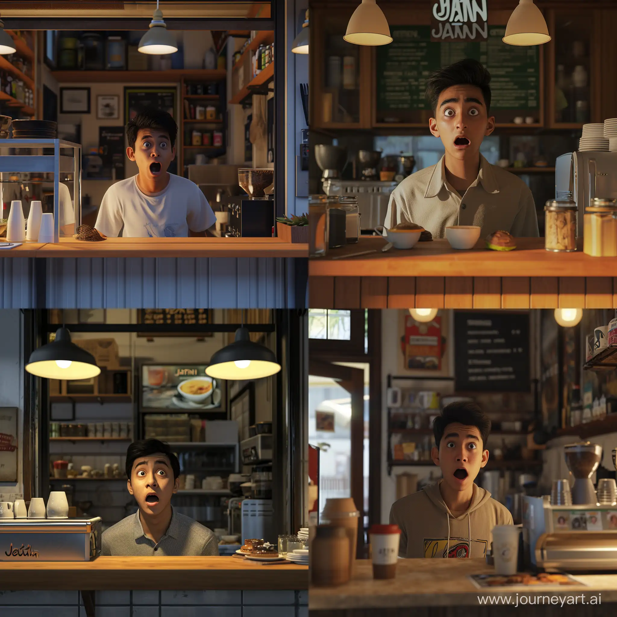 [Depict a medium shot of Jatin, a young man with an ordinary appearance, standing behind the counter of a small café. Show him looking surprised and intrigued as he gazes at something off-screen. Convey his curiosity and anticipation] unreal engine, hyper real --