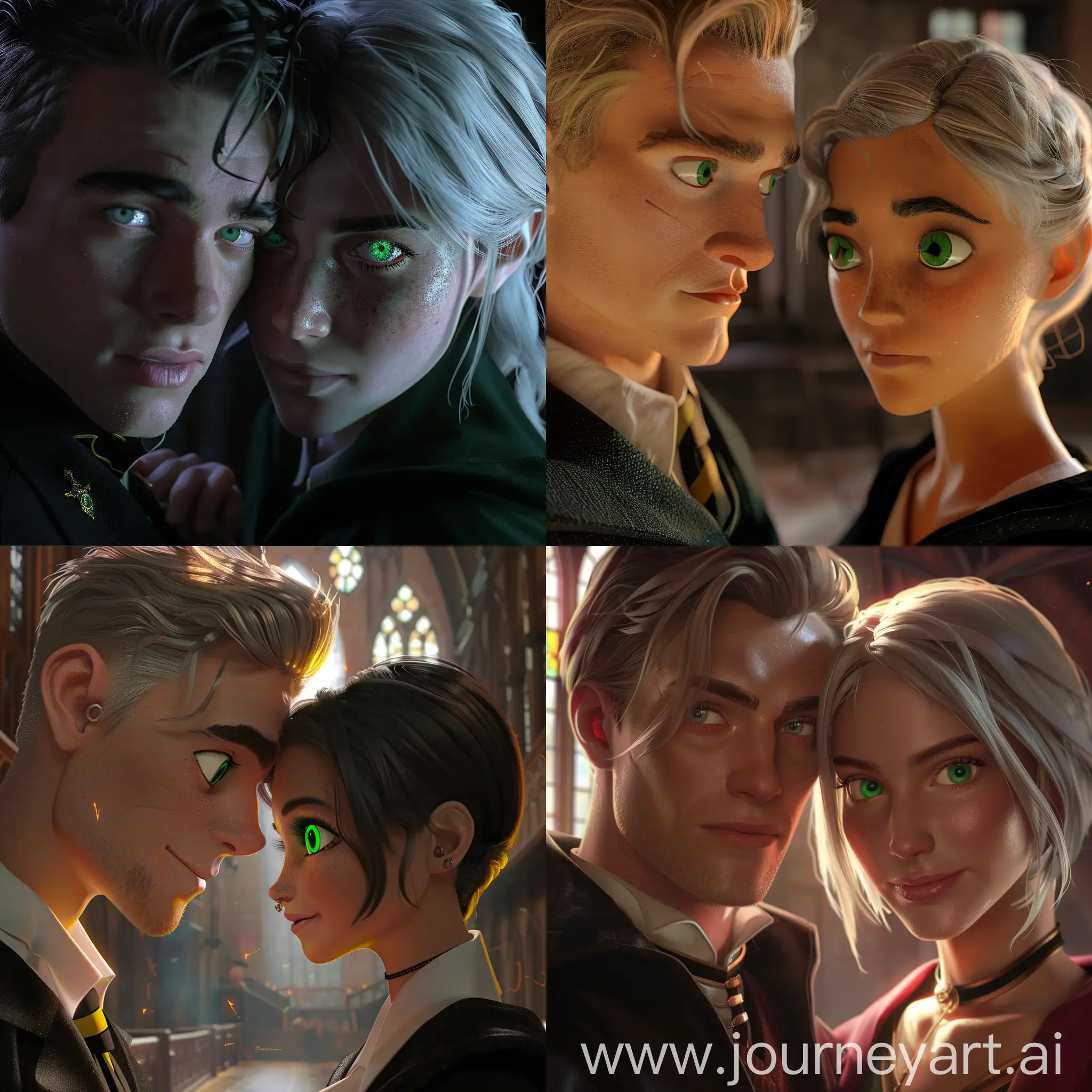 In this AI-generated image, Draco Malfoy with beautiful girl with green eyes, two iconic characters from the wizarding world, are portrayed in a captivating 1:1 aspect ratio. The composition captures a moment of magical encounter between the characters, highlighting their unique personalities and dynamics.