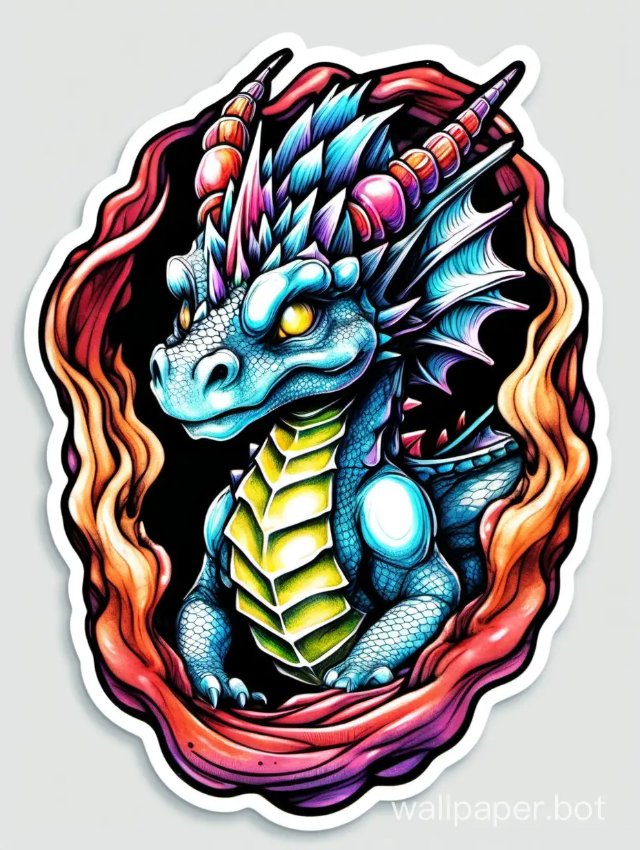 Dragon, baby head centered wrapped around its body, pencil hatching, explosive fluid colors, high contrast, sticker style