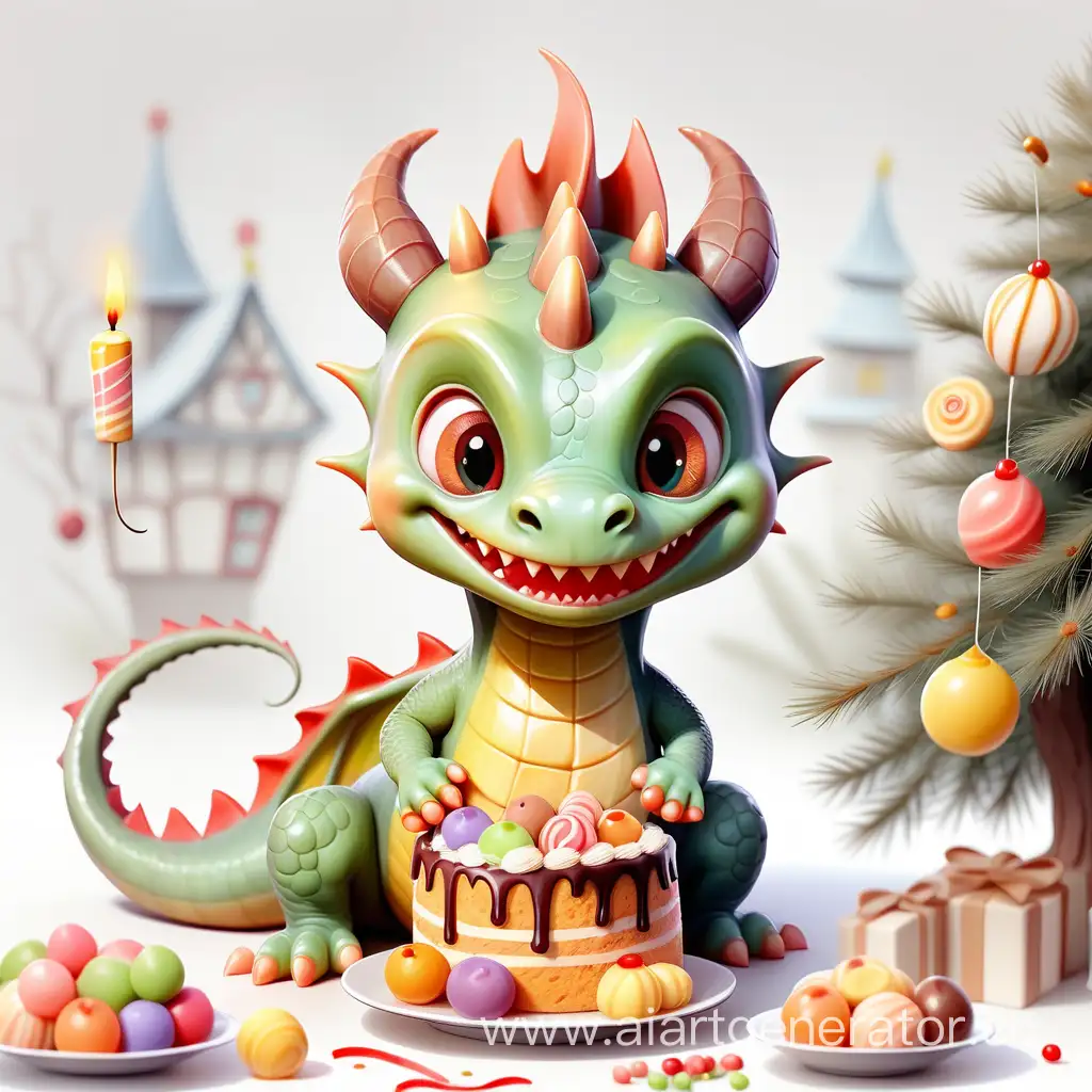 Счастливый дракончик  с тортиком  и сладостями на белом фоне, с милым детским личиком, нарисованный акварелью, на фоне новогодней елки