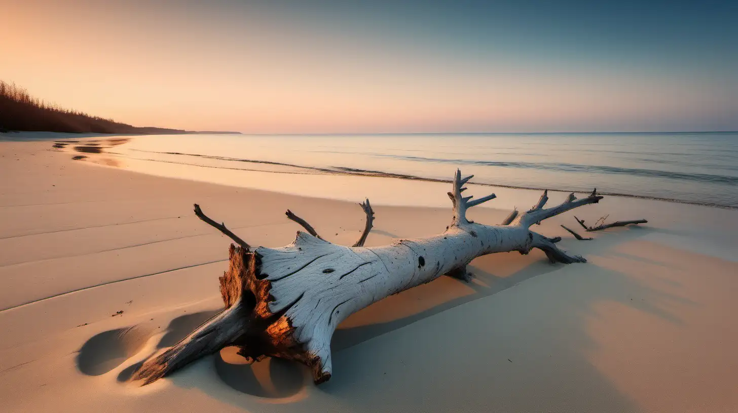 Paisaje de playa, como el mar calmado, al atardecer, y hay un tronco de árbol muerto en la arena.