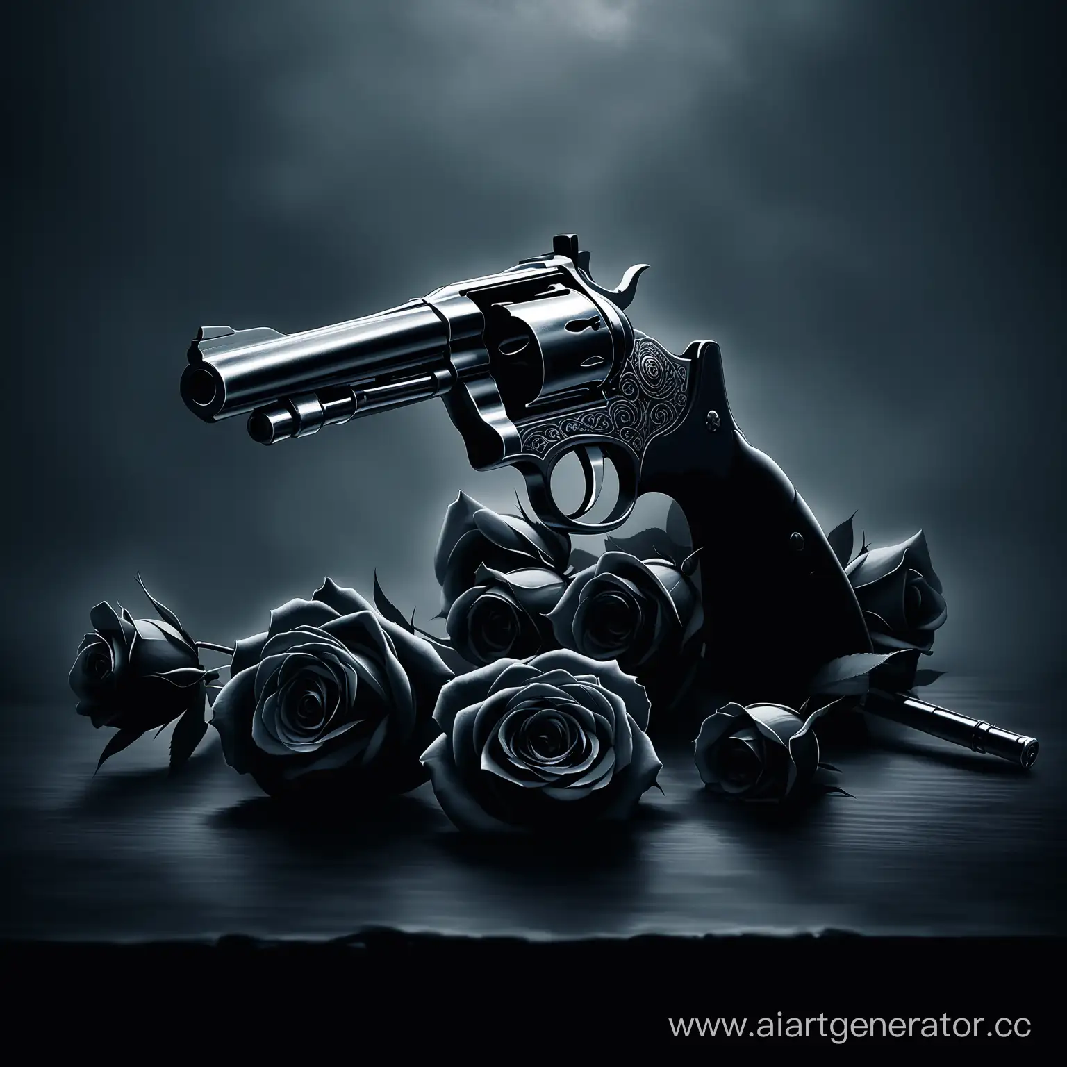 Розы и револьвер, голубые и черные тона, мрачная атмосфера