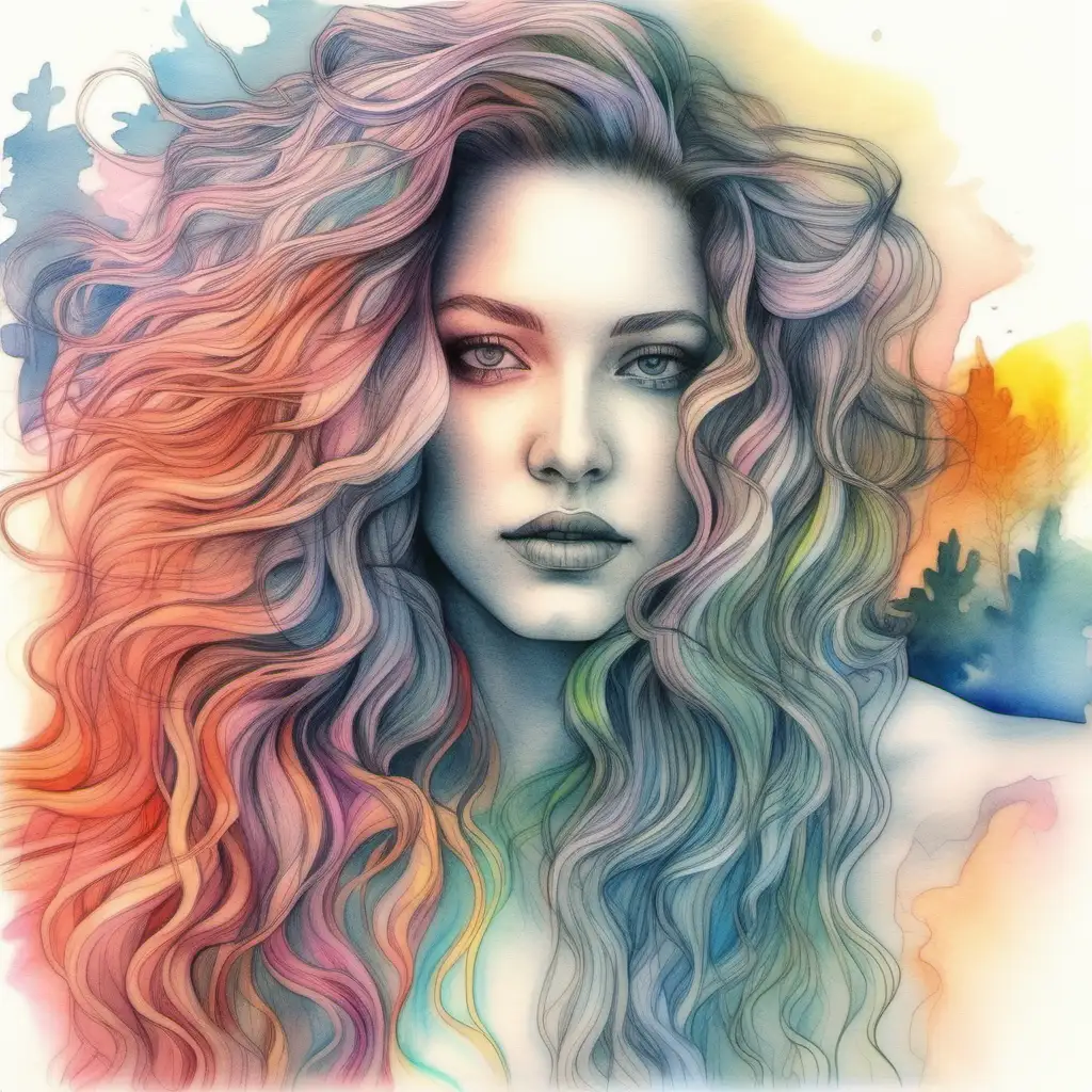 In the front a delicately drawn beautiful woman with an extraordinary hair , realistic, fine pencil, realistic, watercolor, in the background, nature in vivid cyber colors, bipolar, fictional 