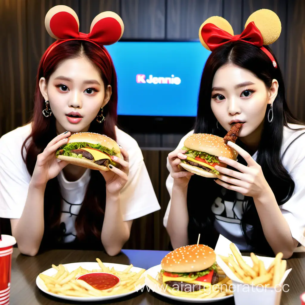 Kpop-Stars-Jennie-and-Minnie-Enjoying-Burgers-While-Watching-Animal-Program-on-TV