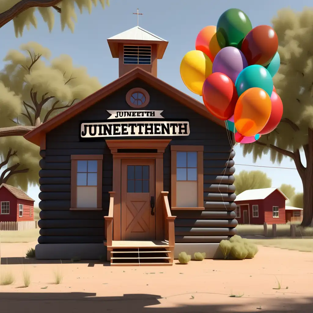 1900s cartoon style wooden sign with the words "Juneteenth" in front of the small schoolhouse with balloons in New Mexico