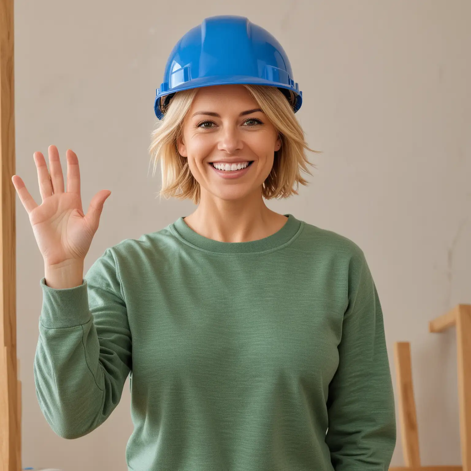 A 40 year old woman builder, with bobbed blond hair, button nose and brown eyes, with a blue construction helmet, wearing a green sweatshirt, blue jeans and light brown boots. She is waving and smiling at the camera