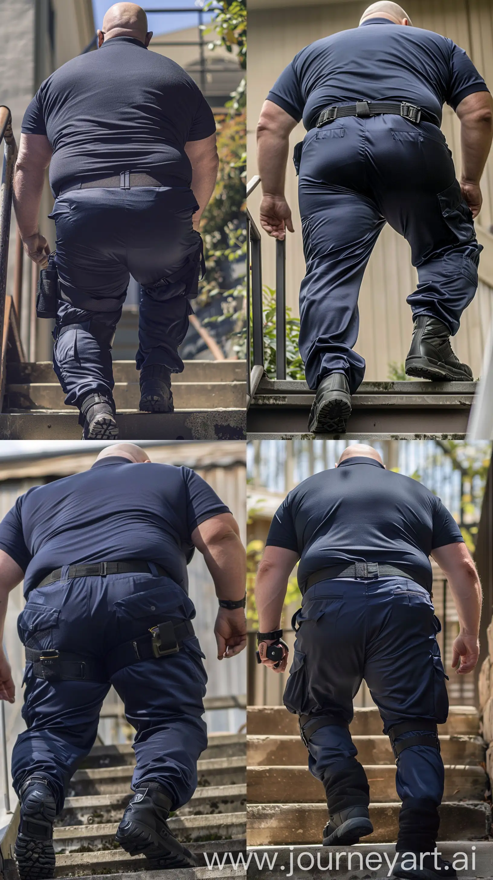 Close-up full body back view photo of a very fat man aged 60. The man is wearing silk navy tight fitting battle pants tucked in black tactical boots, a tucked in silk navy sport polo shirt and a black tactical belt. Climbing stairs with straight legs. Outside. Bald. Clean Shaven. Natural light. --ar 9:16