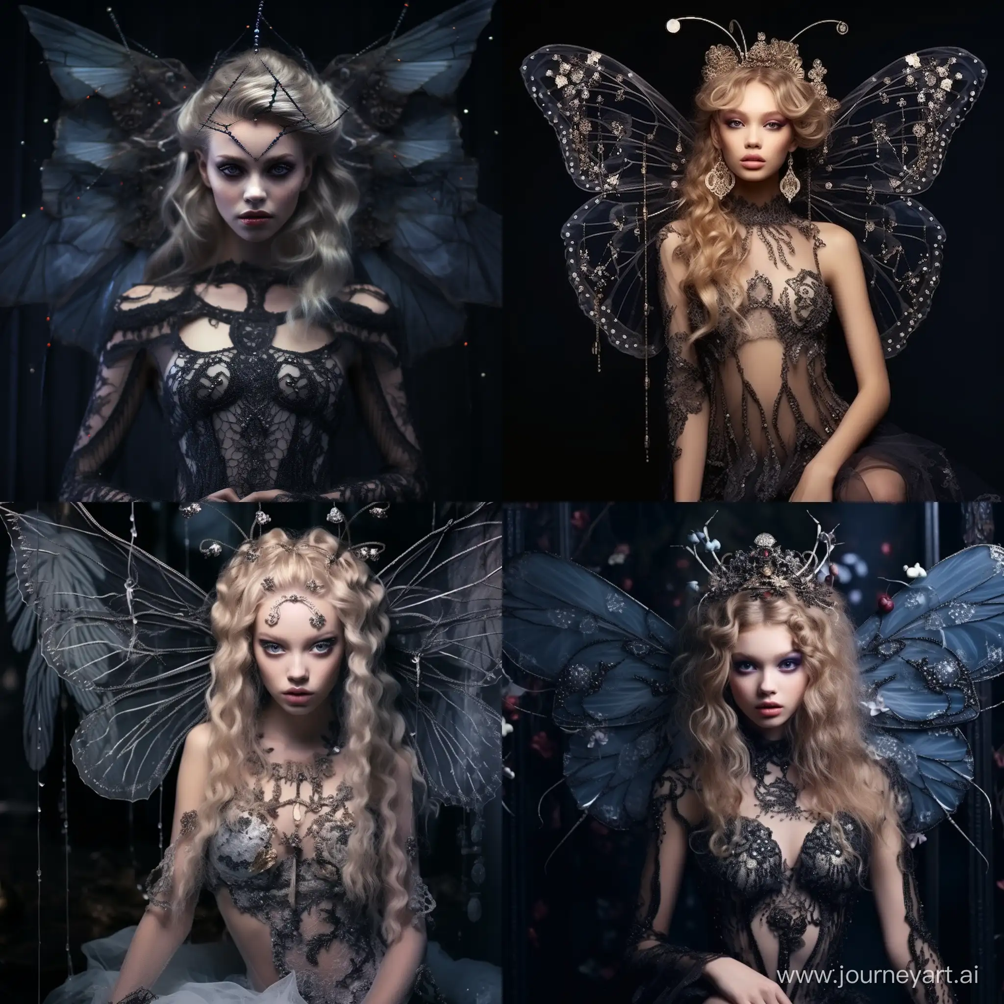 Gentle touching very beautiful fairy with black transparent patterned wings with veins. The hair is long, disheveled, a little curly. Large magical beautiful earrings, embroidered with beads, sparkling crystals and diamonds. Looking into the camera, big eyes. Dark background. Magical atmosphere, high detail, realistic photo