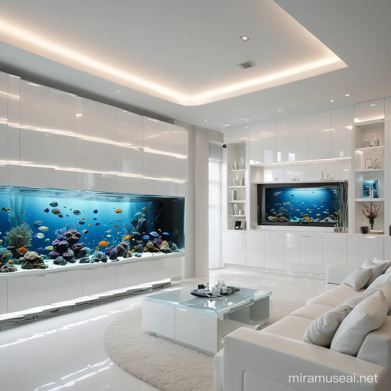 futuristic living room, solid crystal white cabinets, aquarium, expensive.