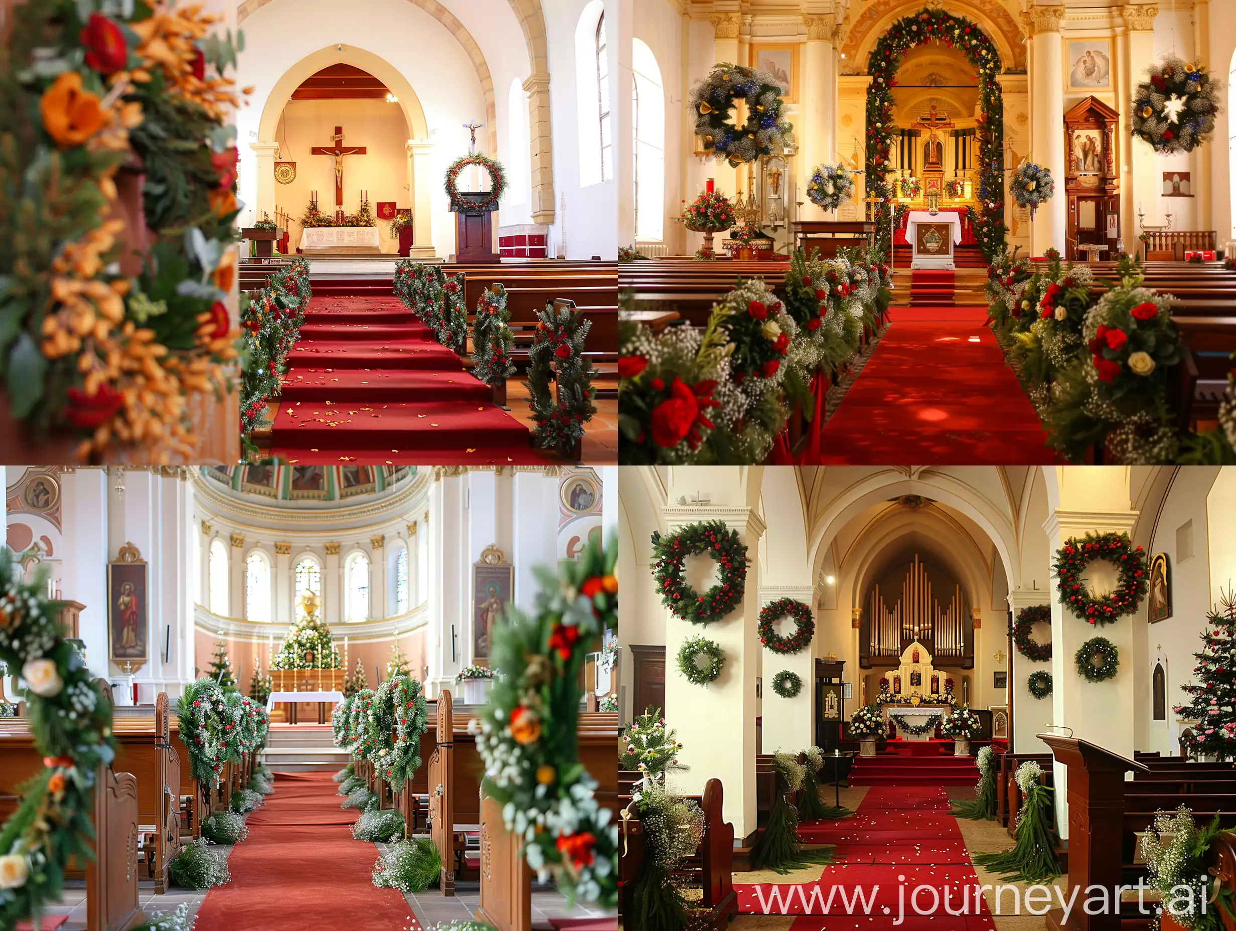 an interior of a beautiful church, with wreaths and flowers, red carpets, before the podium
