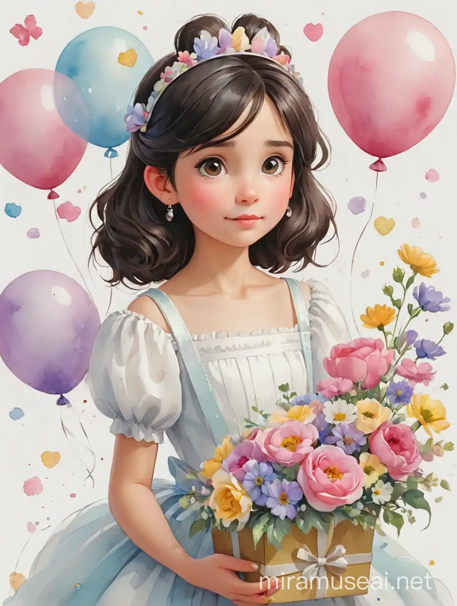 Adorable Little Princess with Dark Hair Diadem and Air Balloons Surrounded by Gifts and Flowers on a Watercolor Background