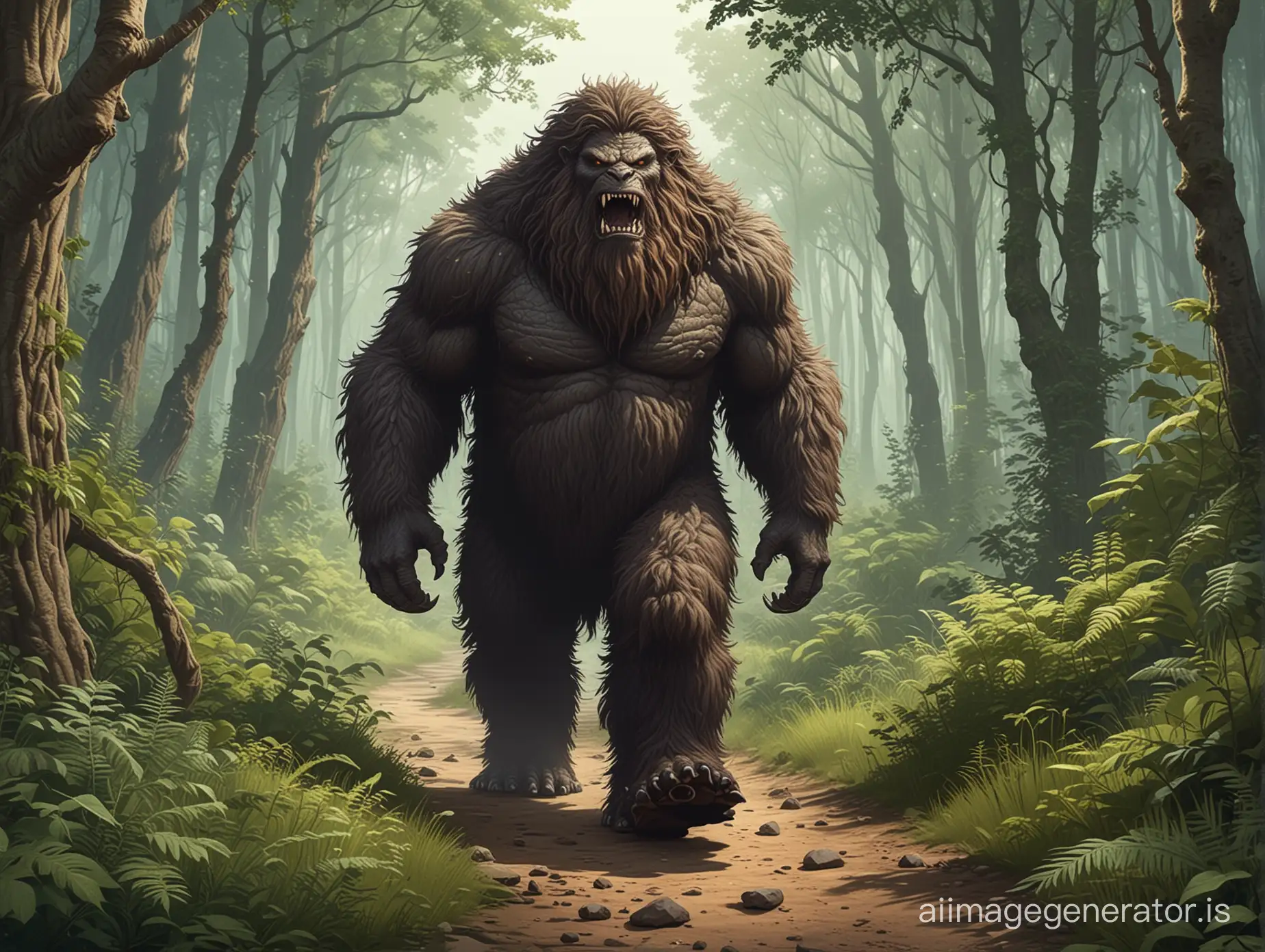 time day, giant (Straight-walking, with thick hairy coat, monster) on the trail (in the style of RPG games) amid Dense vegetation in the forest 2D vector graphics background