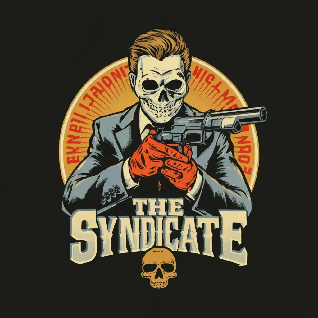 logo, Guy wearing Suit with a full skull mask on holding a gun, with the text "The Syndicate", typography