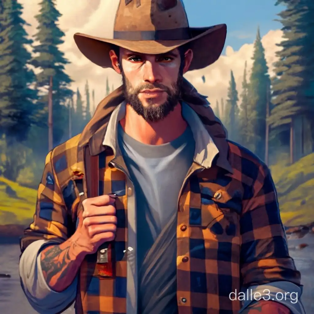 Dnd character Dresses like lumberjack. Flannel and jeans. Named jack daniel. Human. Chaotic nuetral. Medium size. Male