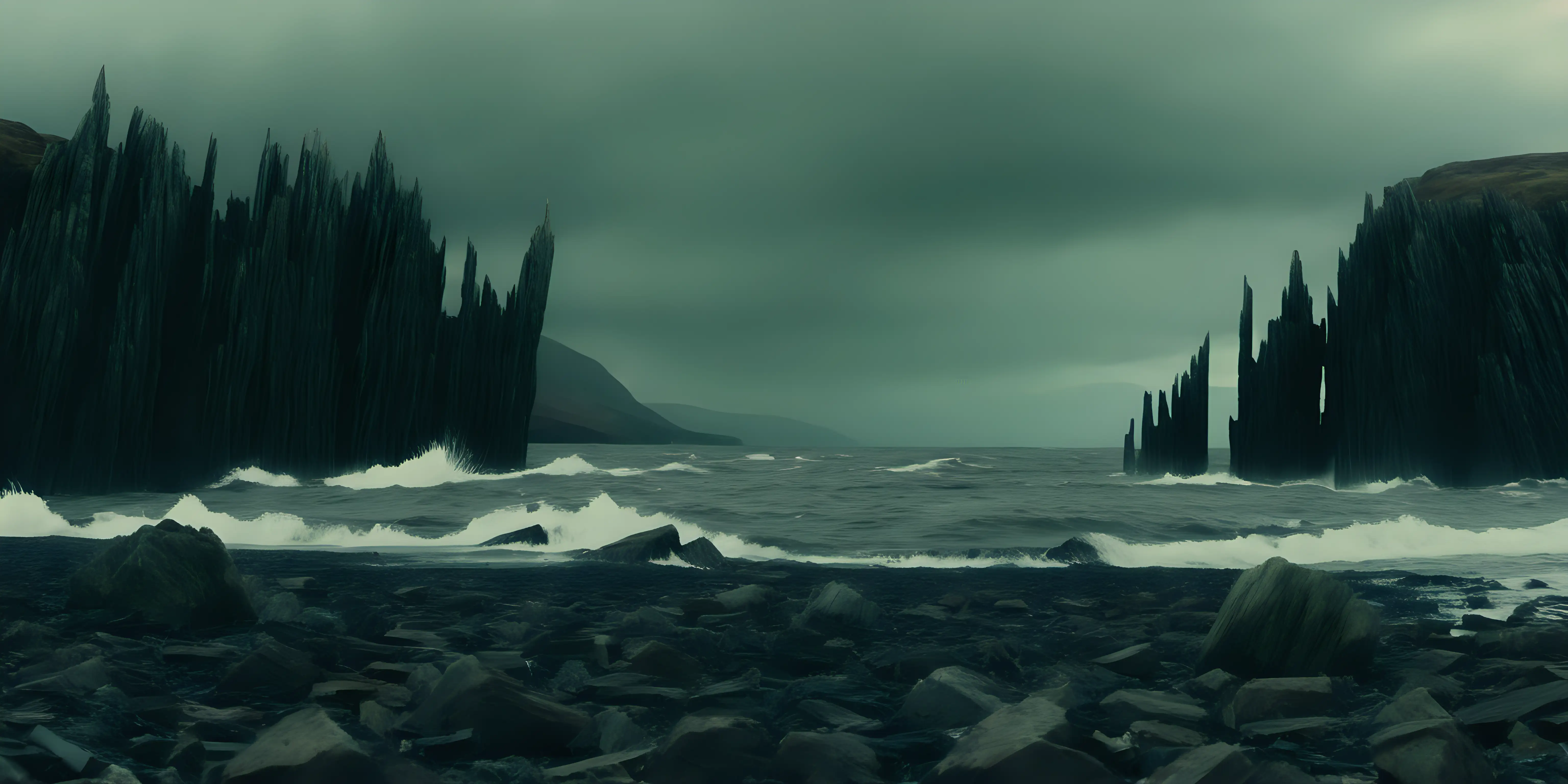 experimental cinematography, dystopian realism, transavanguardia, movie still, Scotland landscape, rocks, dramatic sea, end of the world, detail realistic, whq