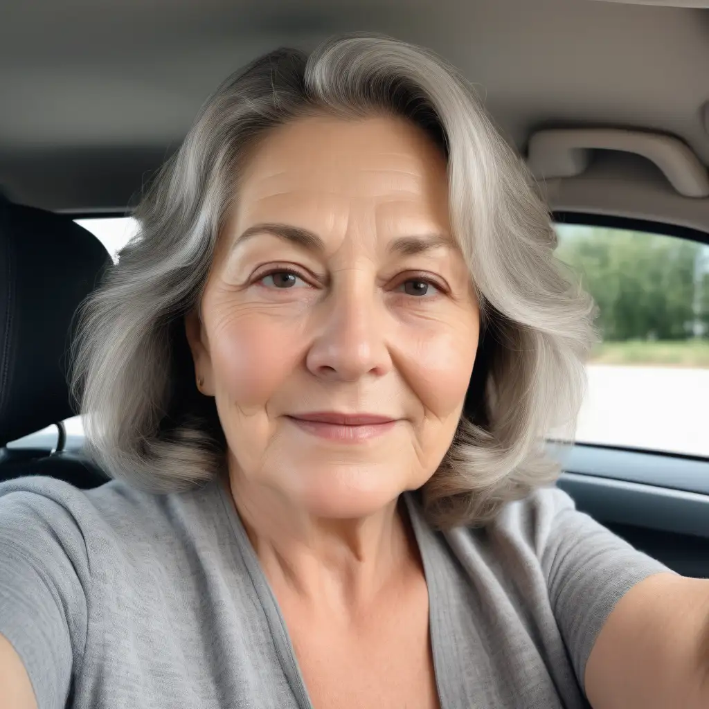 a beautiful woman in her 60s. She's looking very natural although uses a foundation for her face. The foundation compliments her very well. She has wrinkes on her neck. She is making a selfie in her car. Her face is a bit round, she has slightly chubby cheeks, hair is long with shades of gray