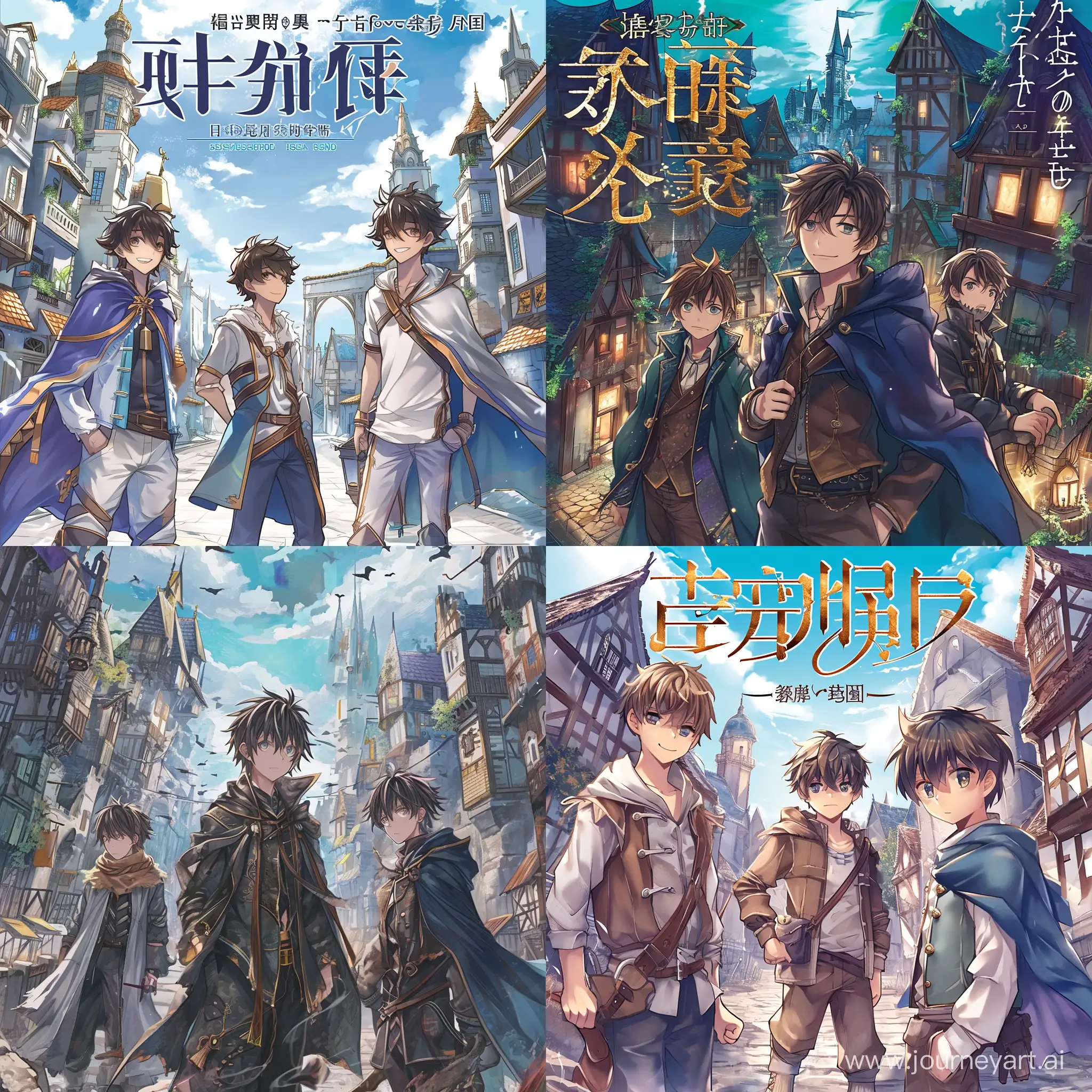 The cover for light novel, three boys and fantasy world with buildings, genres: fantasy and isekai.