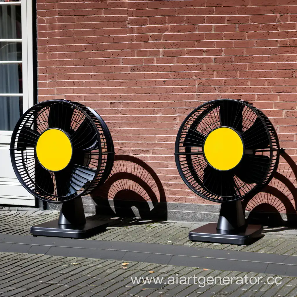 3 big electric  fans line up on the street of Brugge with the Belgian flag on the background 
