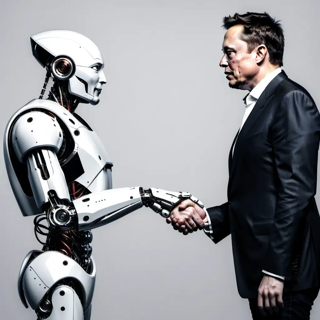 un robot qui sert la main d'Elon Musk