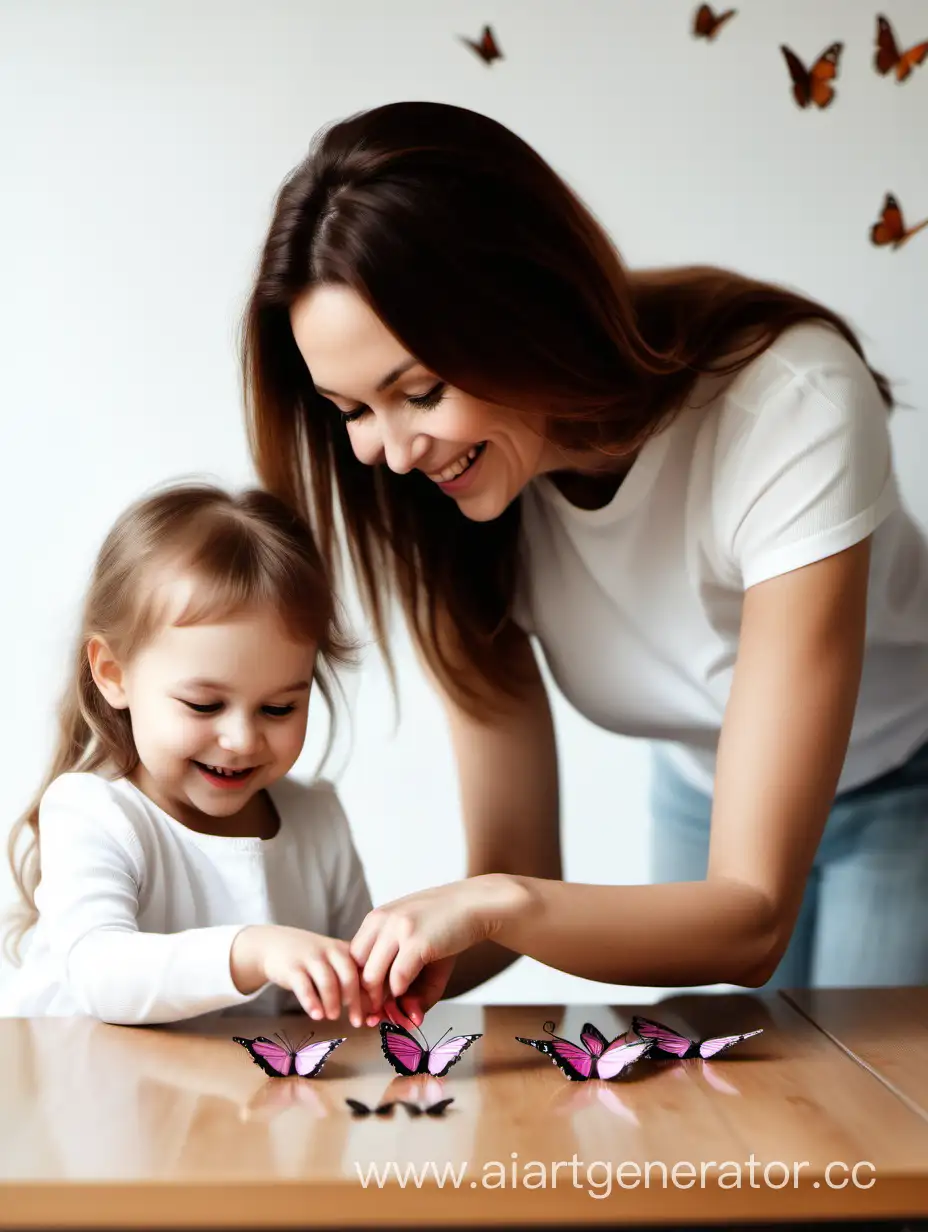 Mother and little daughter together smiling and playing and touching a very little butterfly on a table