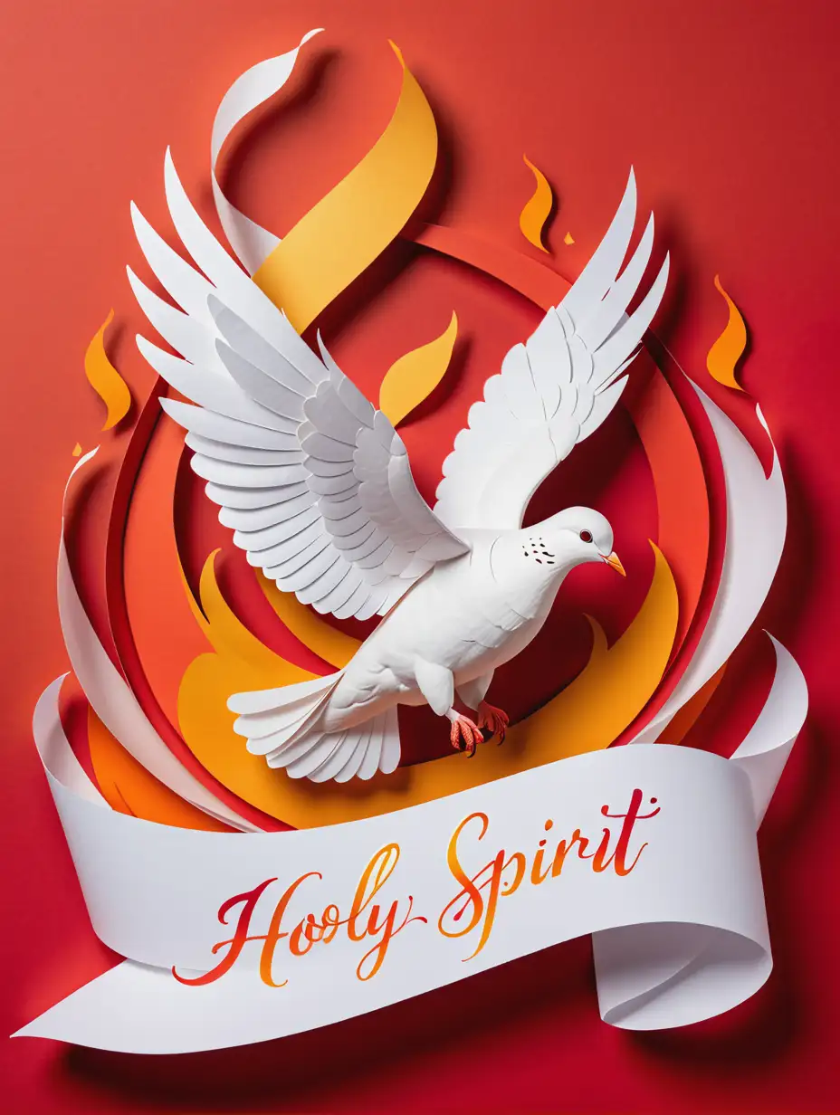 Layered paper, red background, holy spirit banner , white dove, orange and yellow flames,