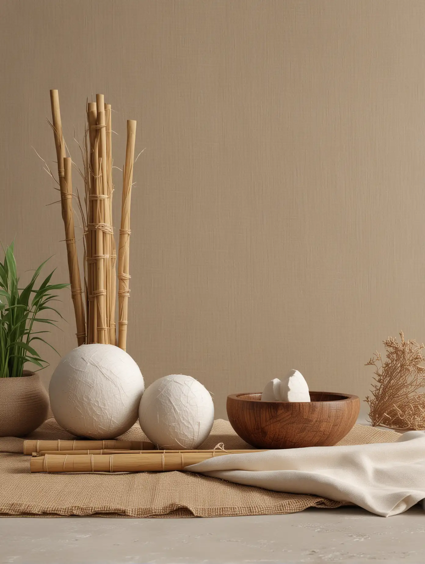 Realistic 3D Still Life Wood Bamboo Linen Coconut Sand Natural Green Stone Minimalist Light Brown Background