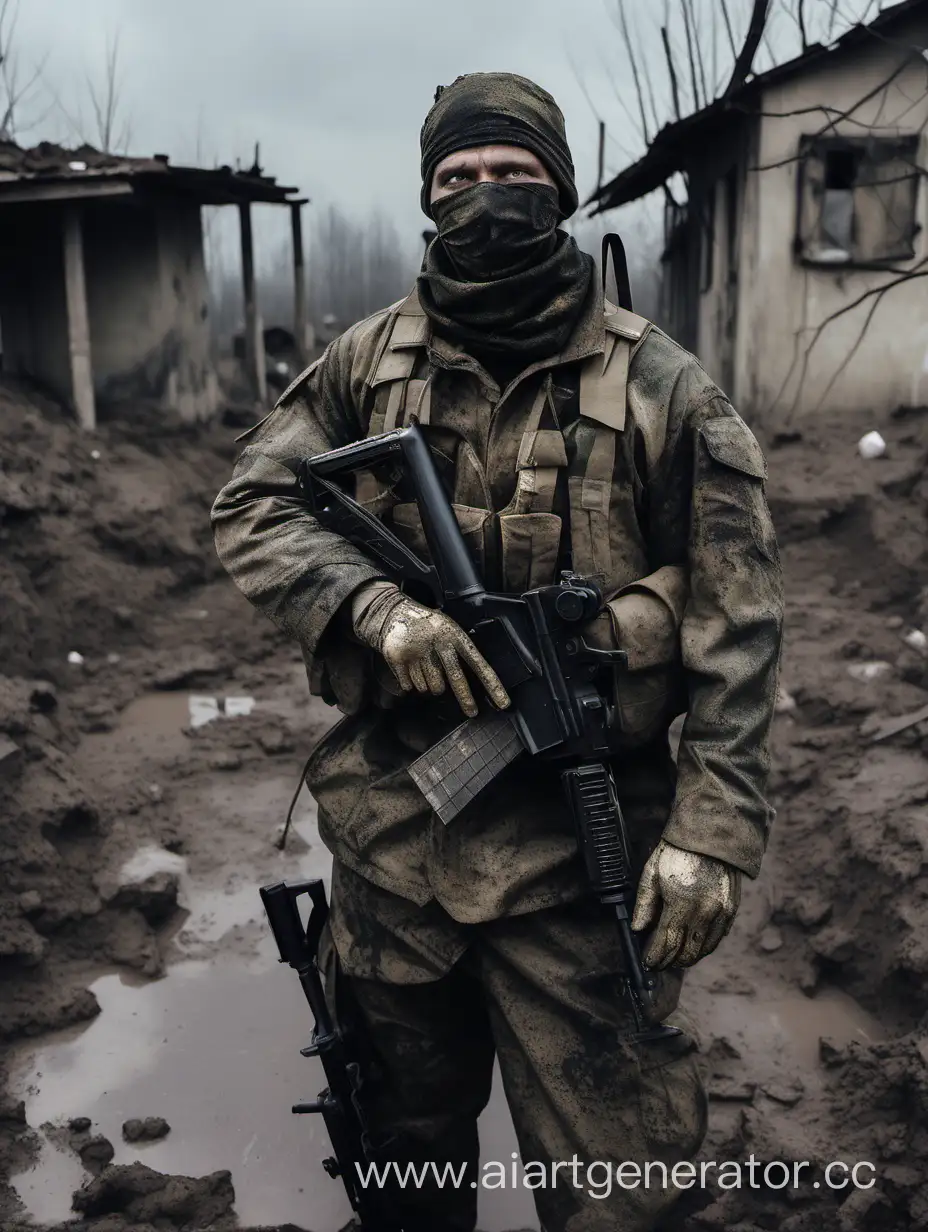 A 40-year-old man with a beautiful face, dark brown hair and dark eyes, with a bandage covering his mouth and nose, dressed as a Ukrainian military man in dark multicam camouflage with a lot of dirt on his clothes, with a Kalashnikov-74 assault rifle with a sight and a silencer, and an abandoned village in Ukraine in the background with there are a lot of shell casings on the ground, blood and mud with water, with broken GAZ-66 cars, a slightly pink sky and a thunderstorm.
