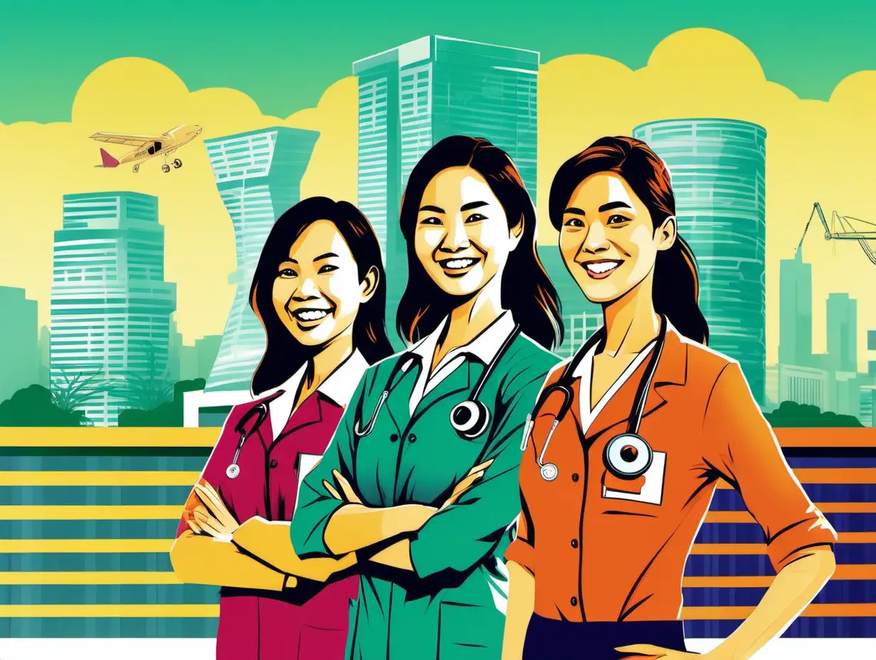 vietnamese poster that shows a female teacher, an engineer, a female doctor, happily, with citiscape in the background, using flat vibrant colors with minimal shading