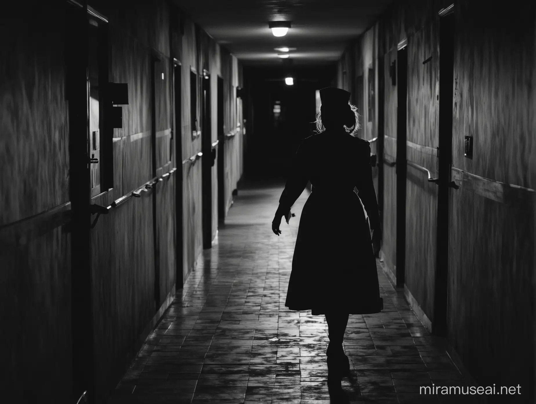 Silueta de una enfermera con uniforme antiguo parada en un pasillo oscuro de un hospital en la noche