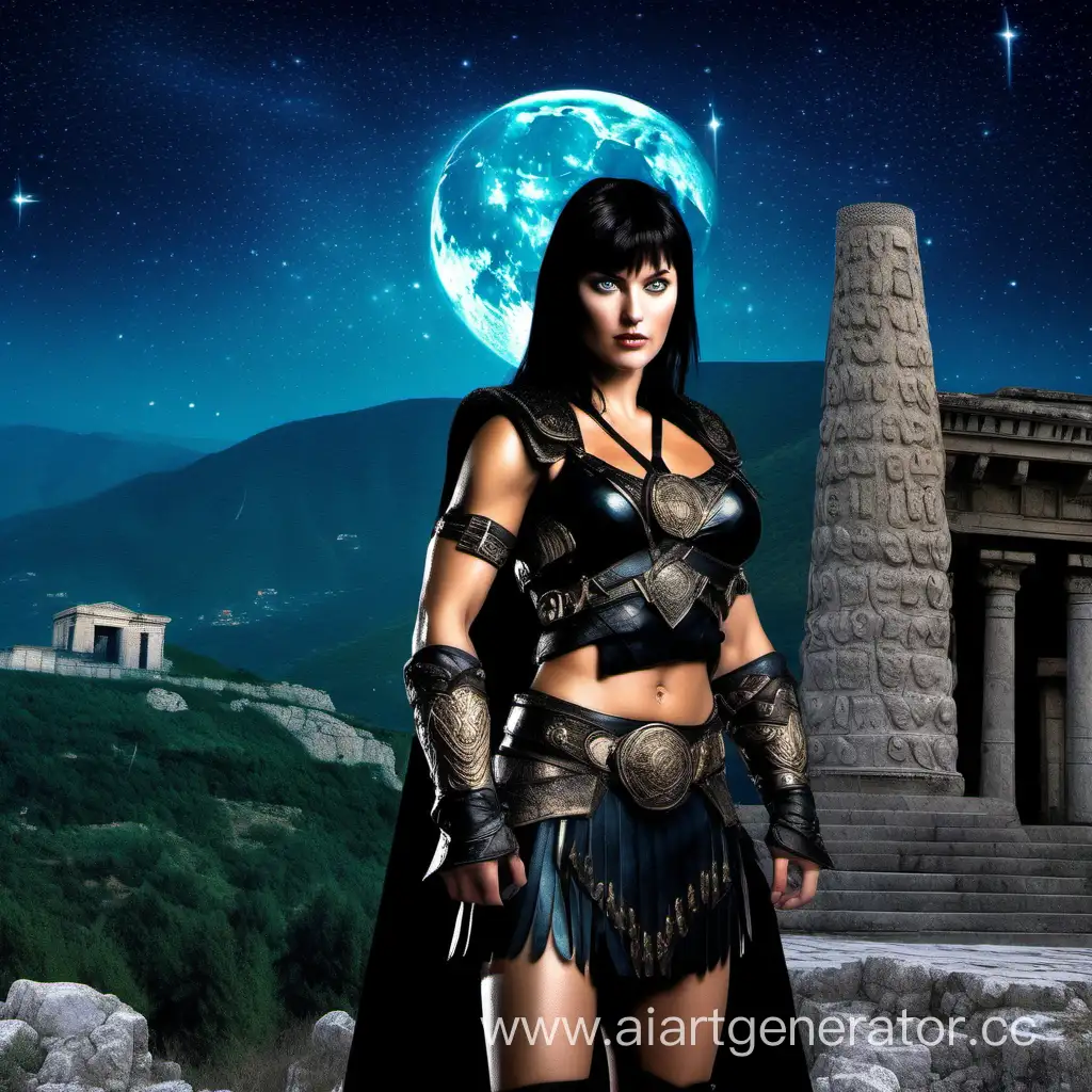 Strong athletic beautiful-faced Xena warrior princess with curvaceous thighs and abs, raven hair, ample butt, blue eyes, wearing a short black miniskirt stands near an obscure ancient temple in Koreiz, Crimea, with Ai-Petri Crimean mountains on background and stars overhead
