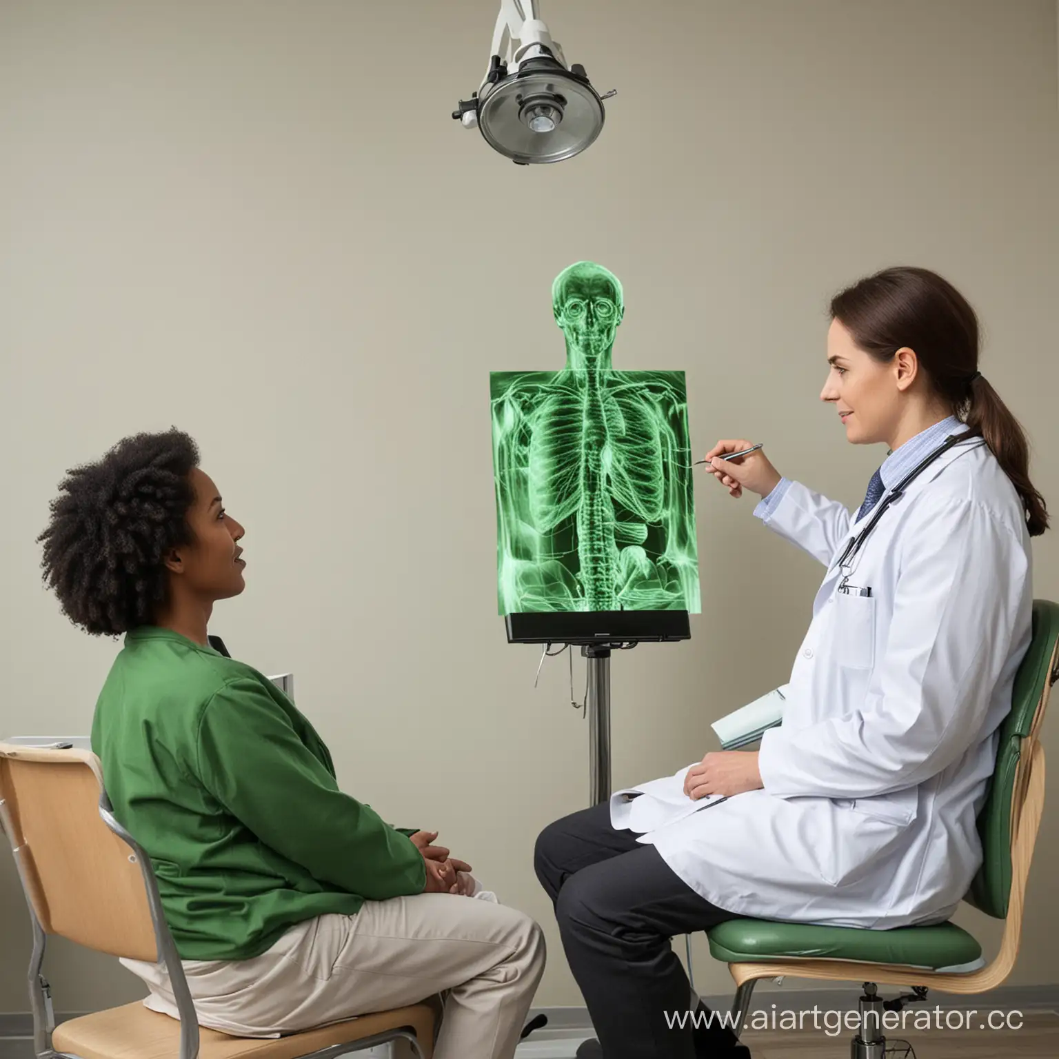 человек сидит на стуле(пациент), рядом сидит доктор, пациент смотрит на зеленую картинку которую в руках держит доктор.