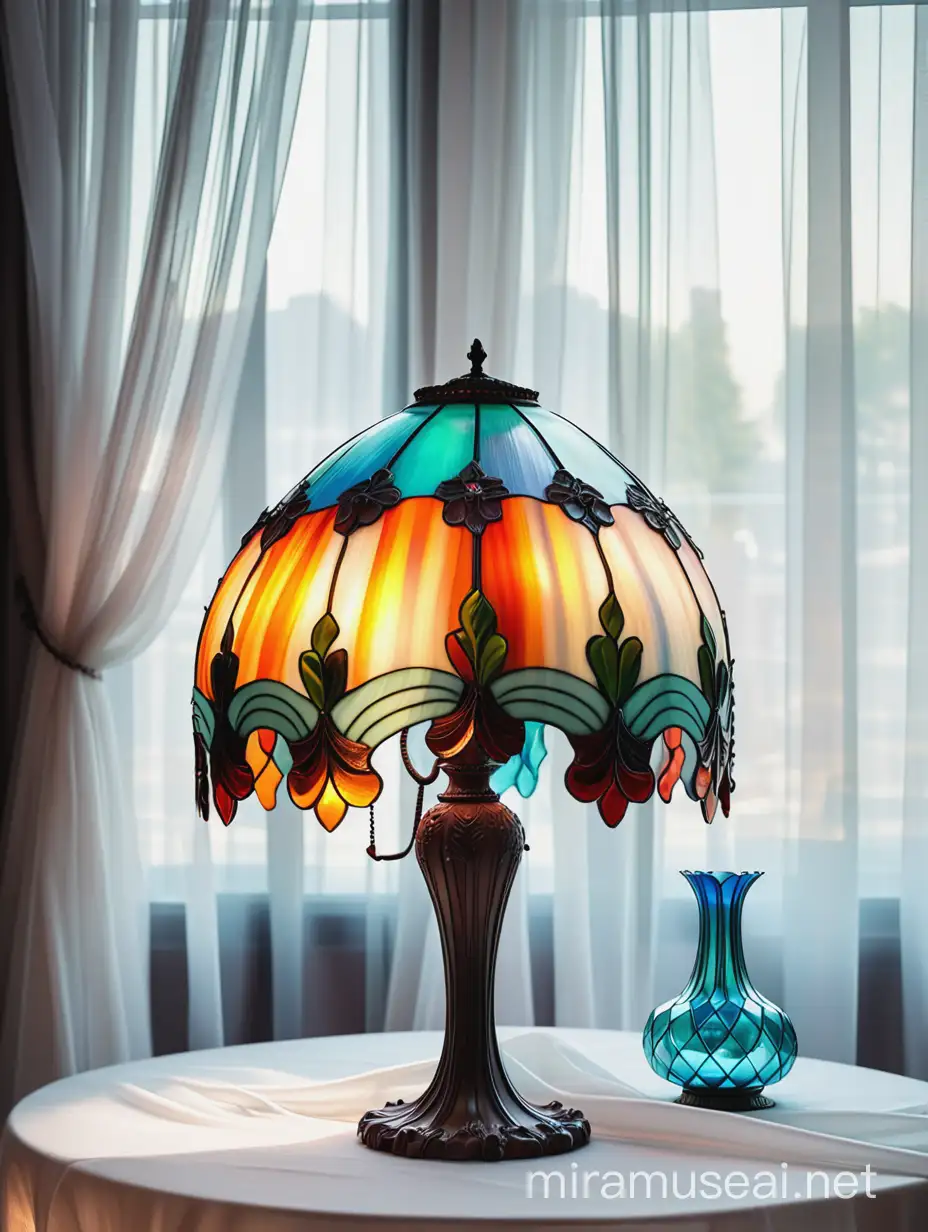 Colorful Glass Tiffany Lamp with White Organza Curtains