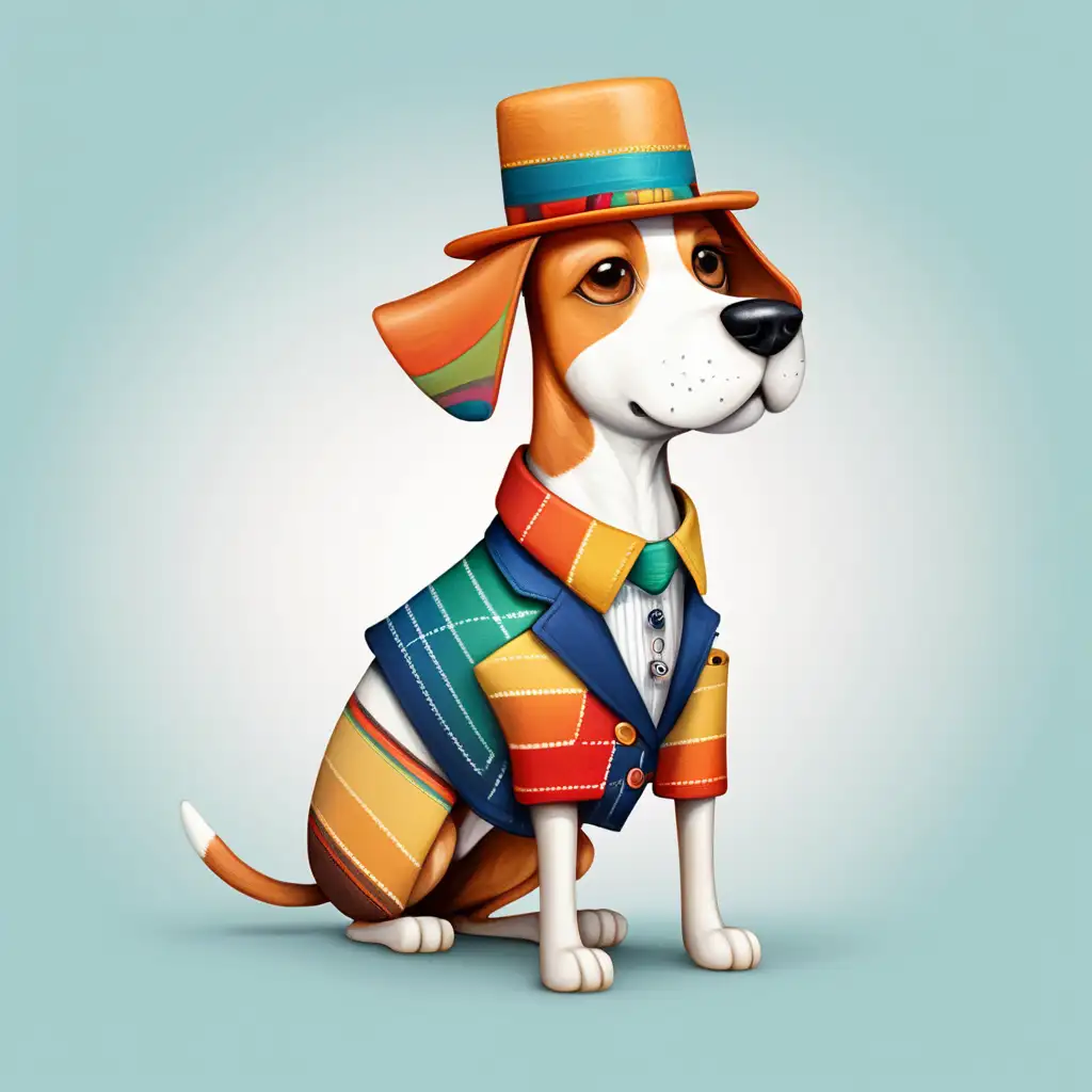 Whimsical Linear Dog Wearing Colorful Square Hat and Waistcoat