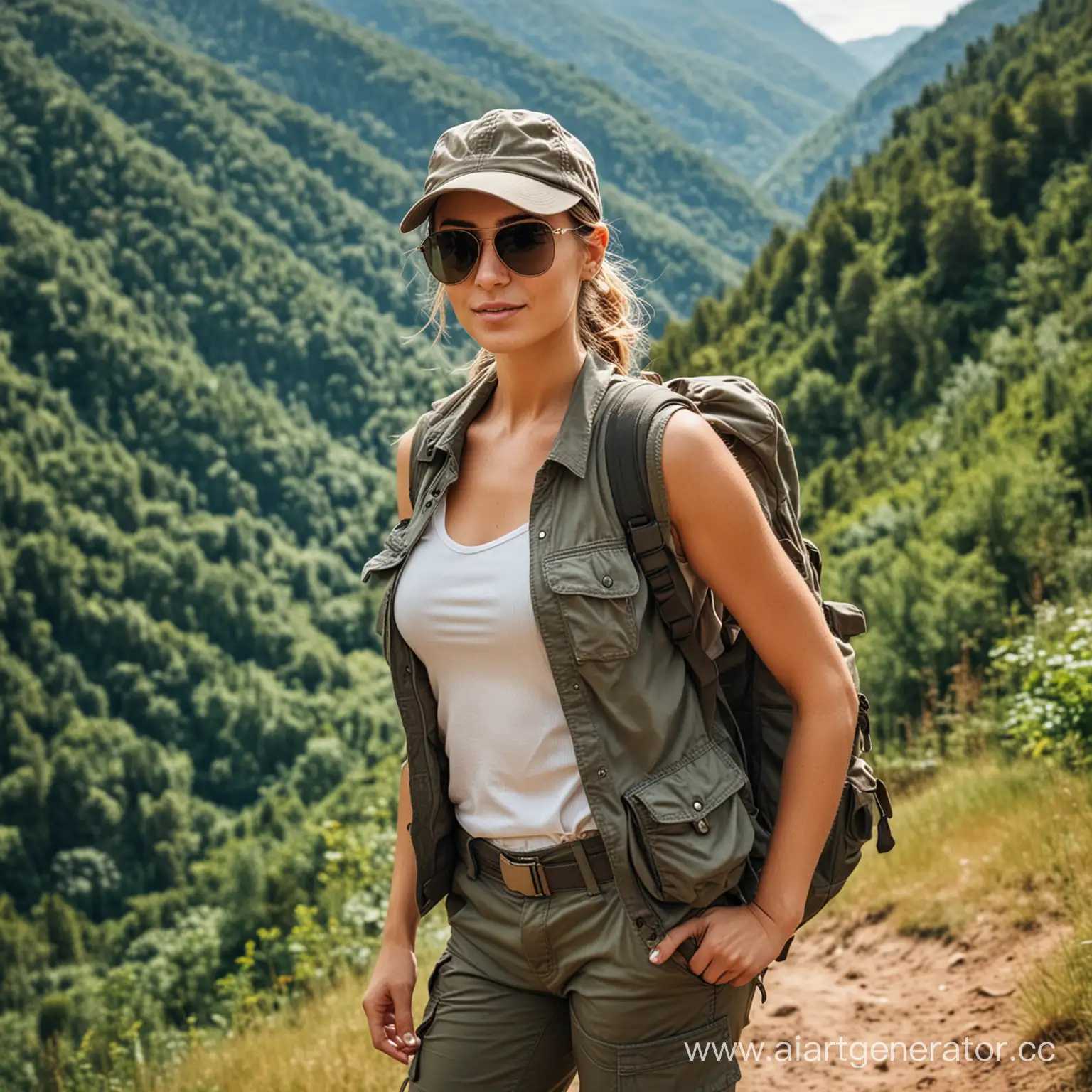 красивая женщина турист путешественница, темные очки, на голове бейсболка, в брюках карго, с рюкзаком за спиной, на фоне холмов покрытых лесом 