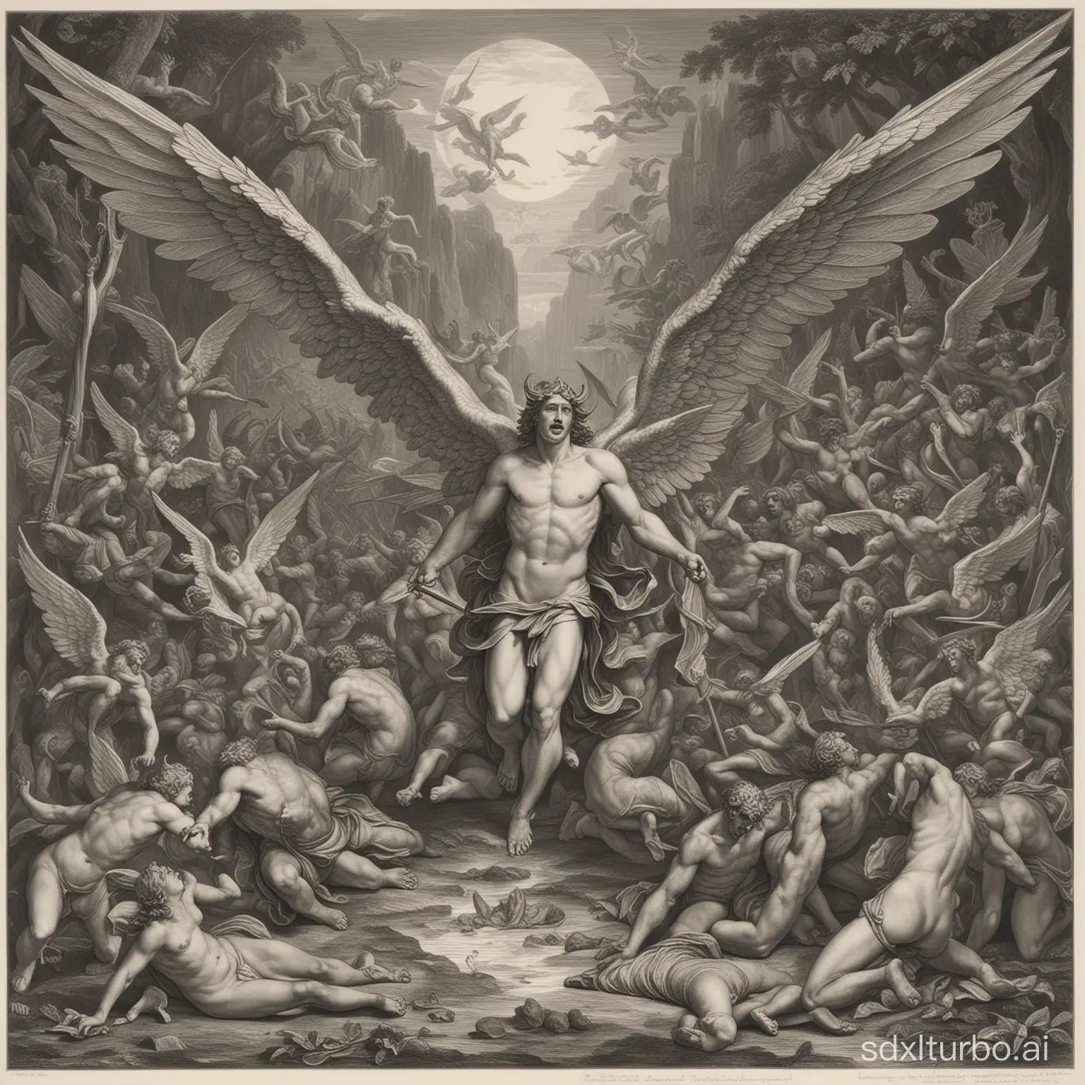 Generate a pencil drawing or engraving about paradise lost. The drawing should contain the motif of the angels fighting against Lucifer's army, or Lucifer's despair after losing.