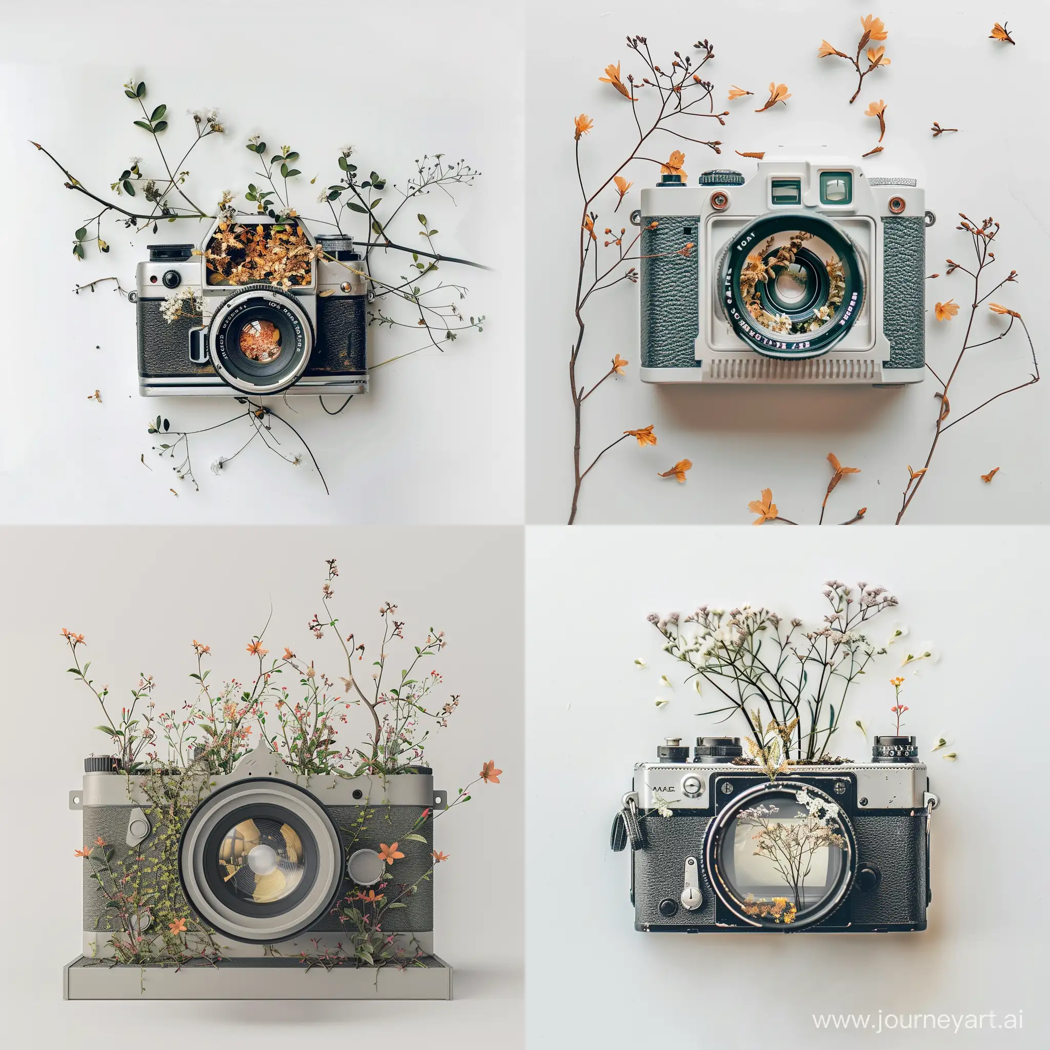 A modern photography camera on a white background with delicate and beautiful plants growing inside it