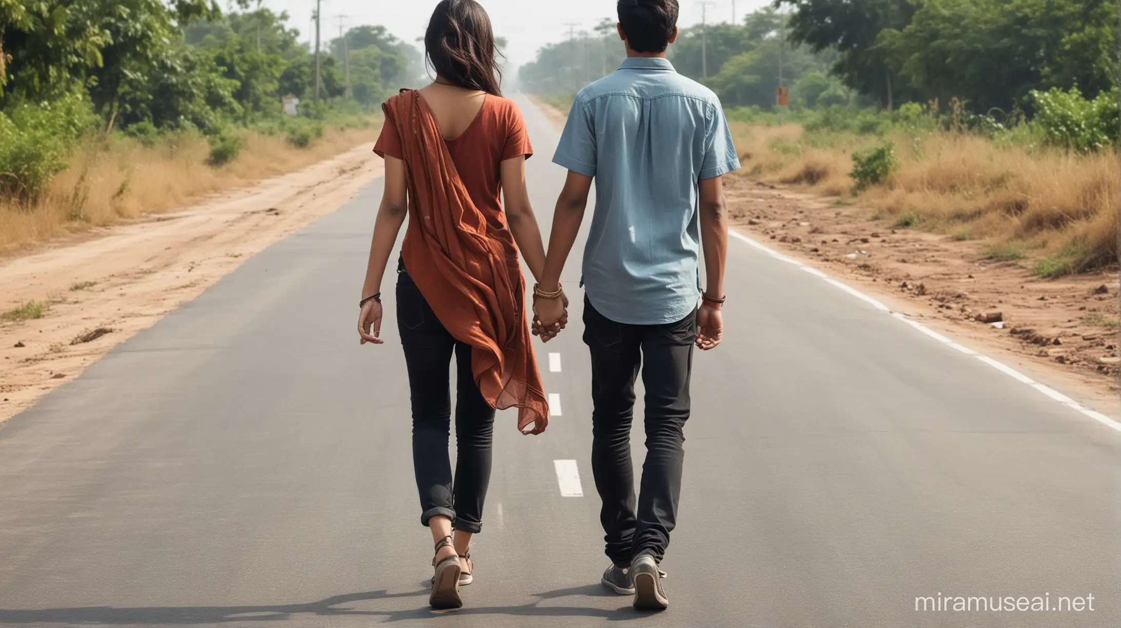 16 years old boy and girl holding hand, walk on Indian roads, hyper realtistic