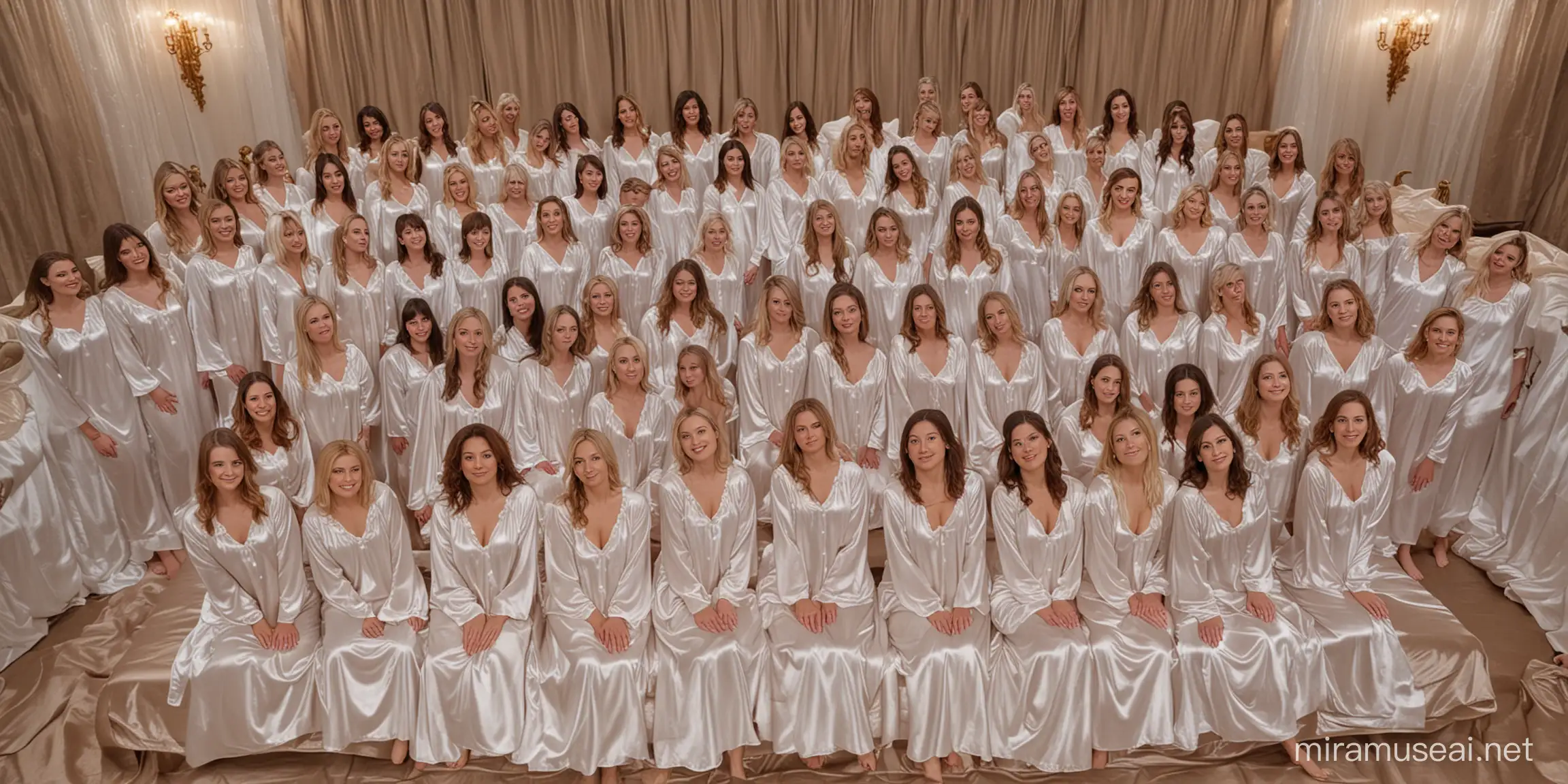 Sensuous Gathering 50 Women in Milky Satin Nightgowns on a Giant Bed