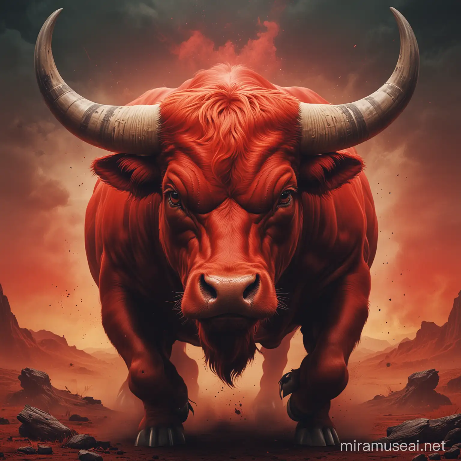 A red coloured angry bull make a cover art for song