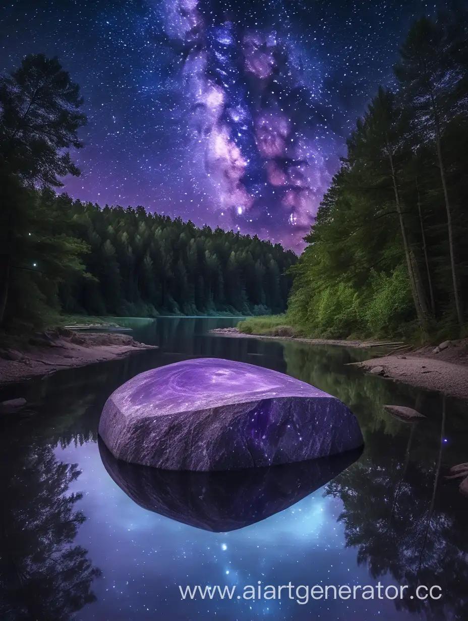 большой камень по середине реки ночью в лесу когда небо со звездами и фиолетовое