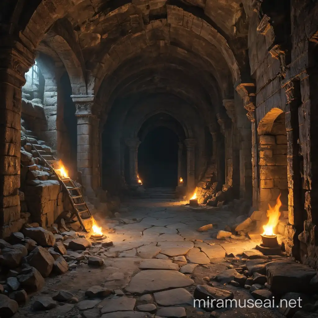 Fantasy Abandoned Underground Dungeon with Torches in Ruins