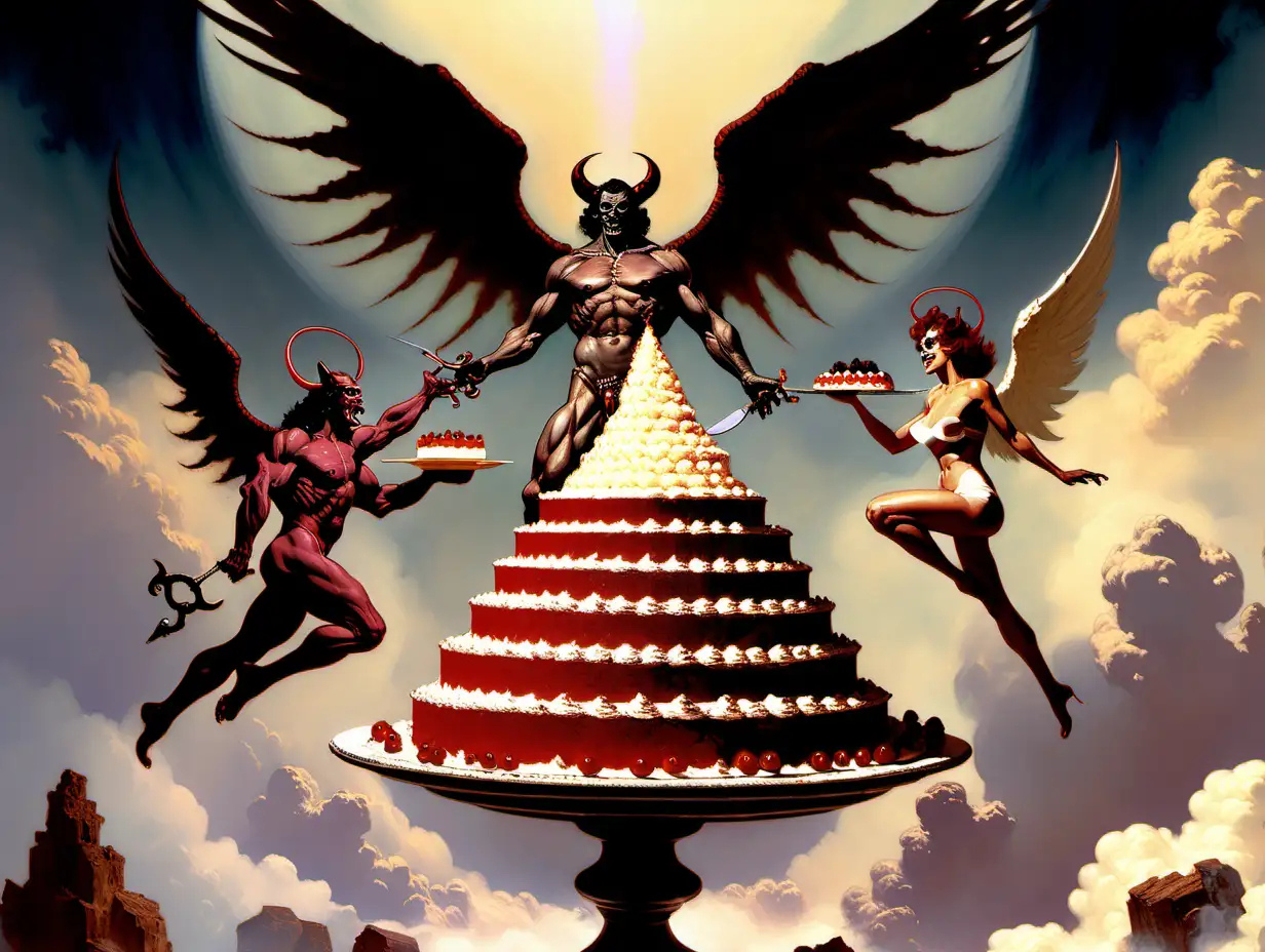 Satan and  Michael the Arc Angel having a bake off in Heaven digital art frank frazetta style