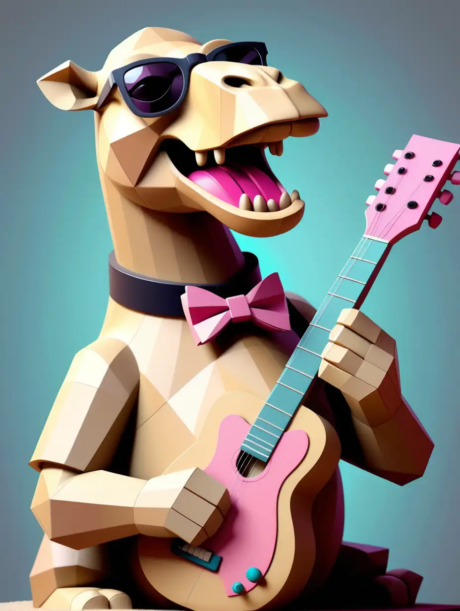 Funny Fat Camel with Dark Glasses and a pink bowtie playing guitar Cubism style