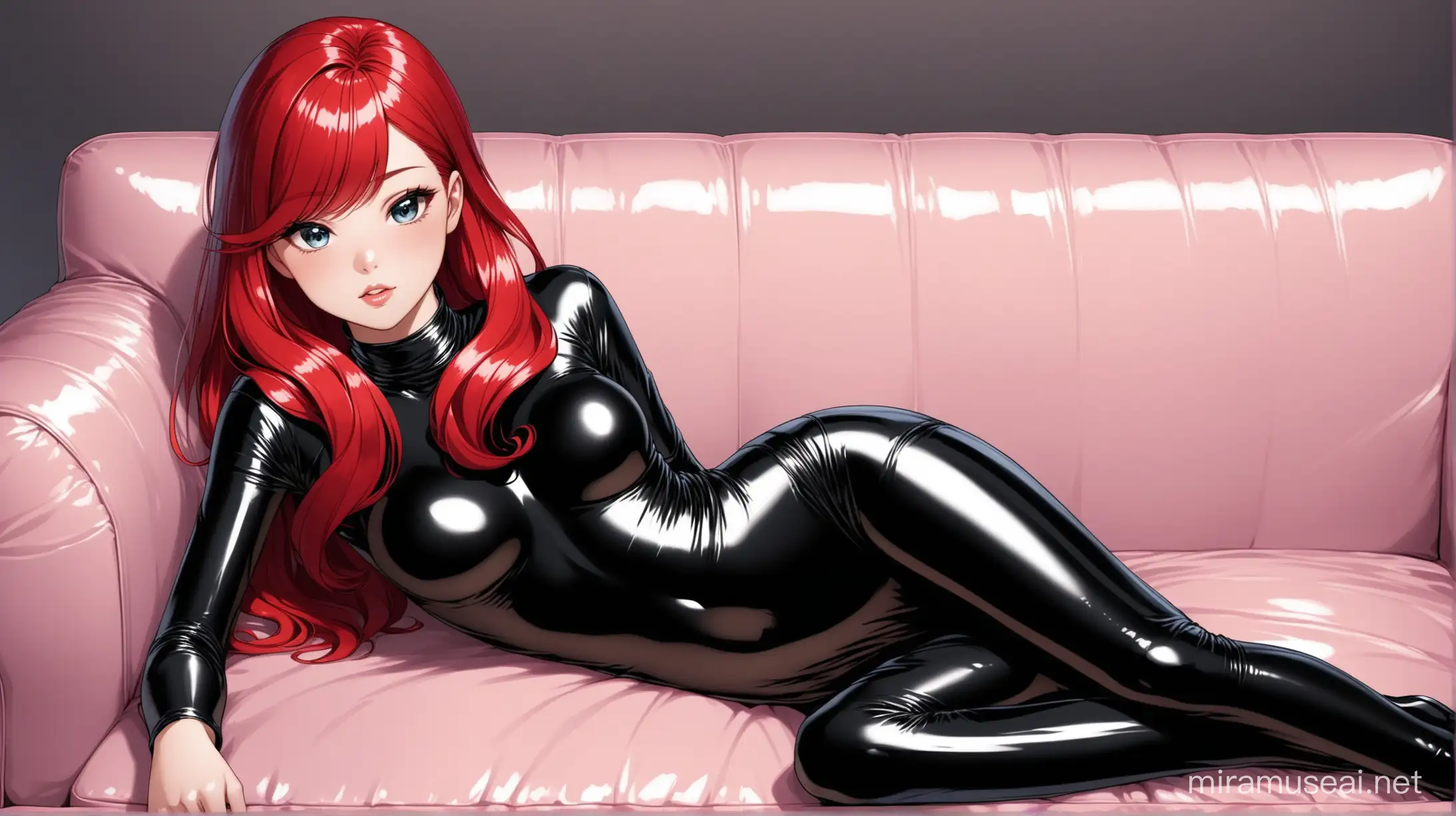Arielinspired Model in Black Latex Dress Lounging on Sofa