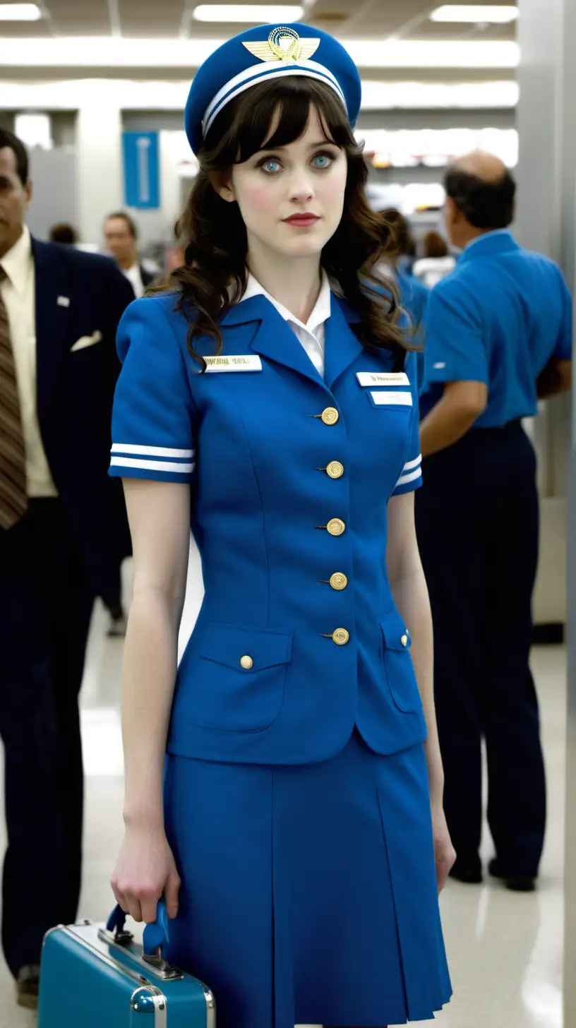 Zooye Deschanel, in her 18's, , in very brightly airport hall, pan am hostess uniform
