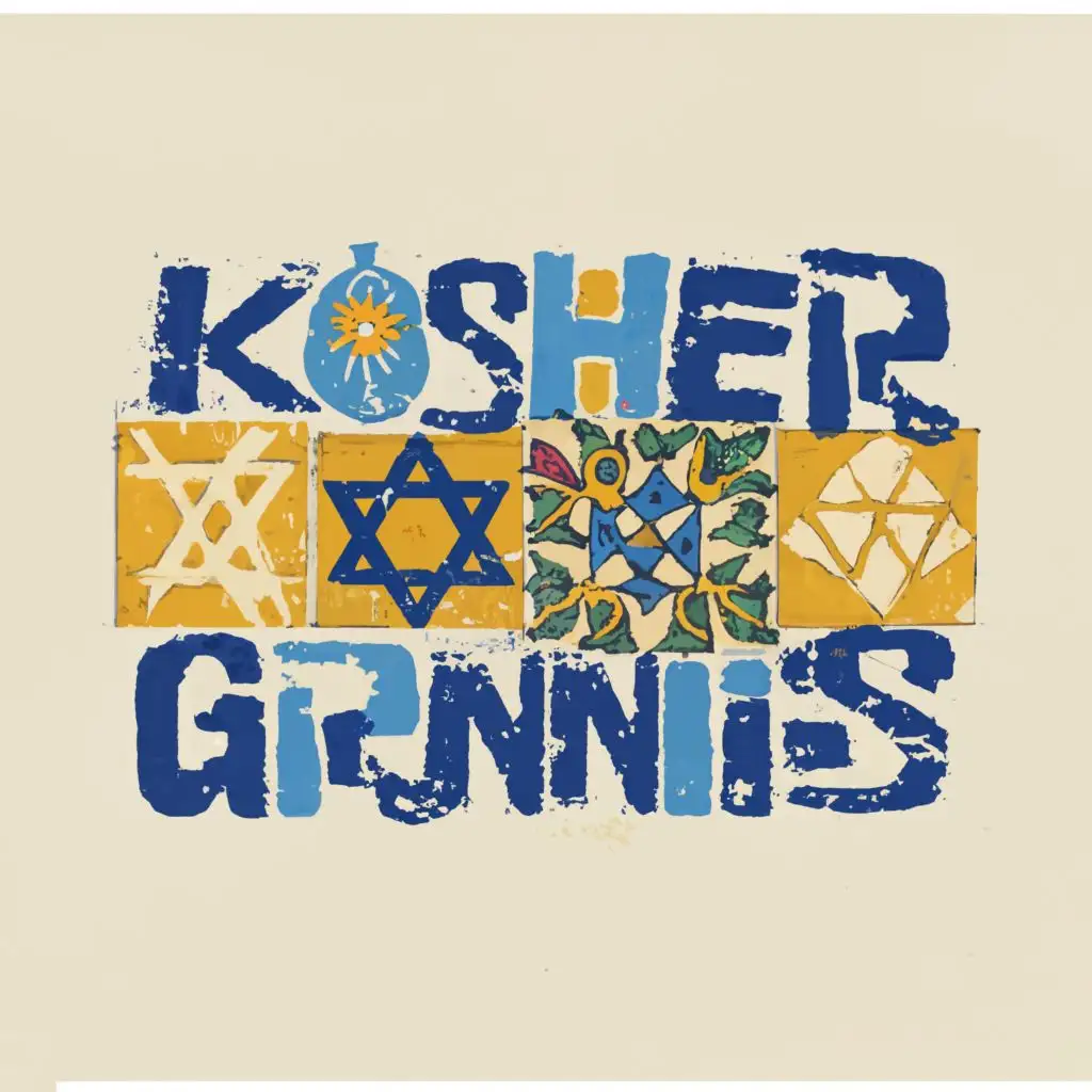 logo, Israel, yellow, blue, white, granny, Paul Klee, Jewish symbols in Portuguese tiles, such as the Star of David and pomegranate, with the text "Kosher Granny", with the text "Kosher Grannies", typography