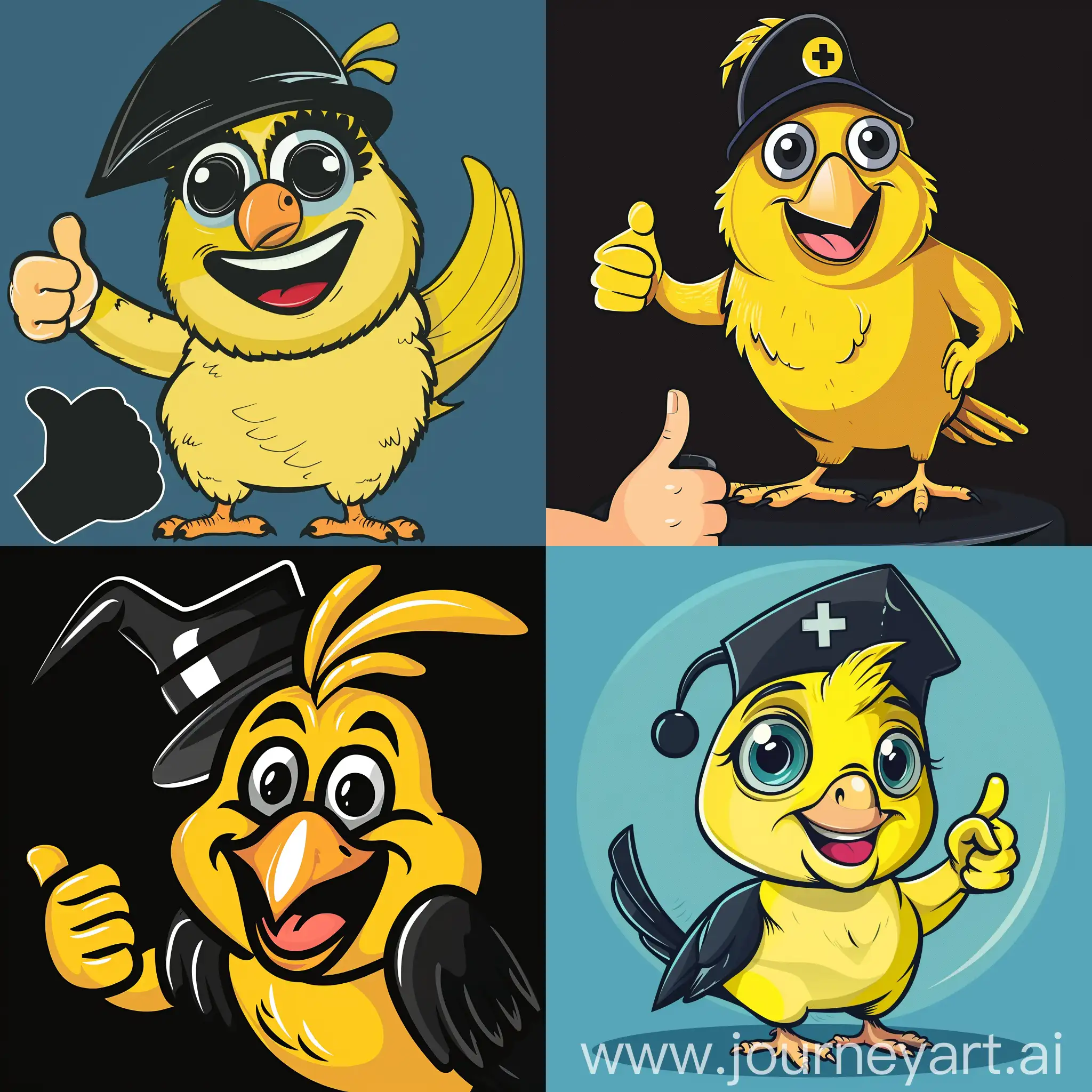 Cartoon Yellow cockatiel wearing doctoral hat, black classes proudly Pure background. Only half body on the bottom left, with smile and thumb up.