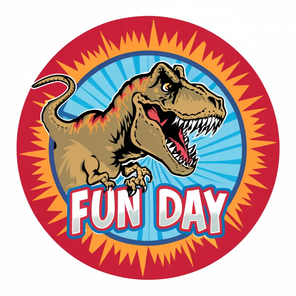 a logo design,with the text "LPSS
Fun Day!", main symbol:T-rex coming out of a red circle,complex,clear background