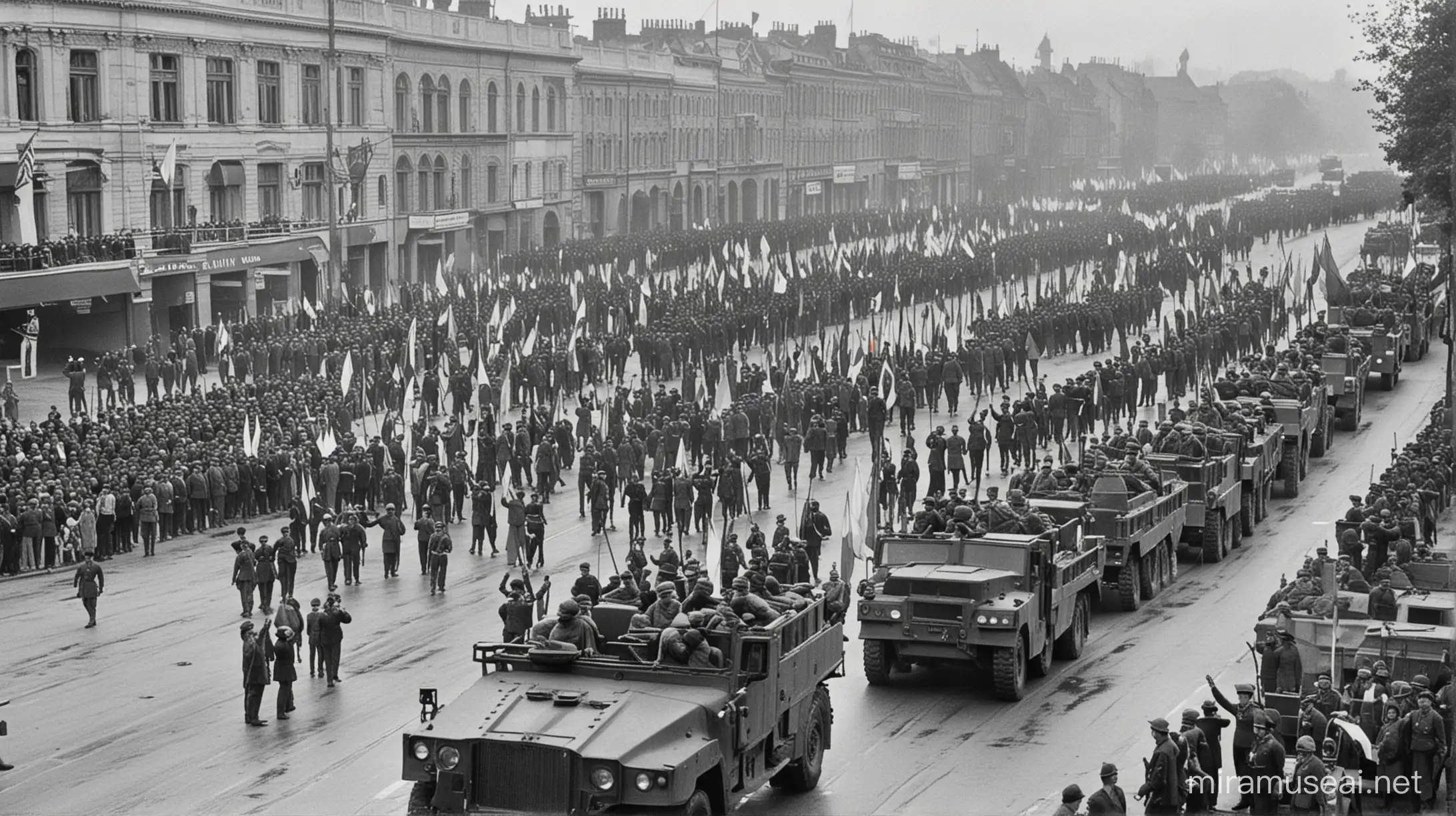 Batalhões militares com filas de civis levantando o braço direito no Anglo de 45 fraus. e militares Romenos recepcionando. Bandeiras da Romênia hasteadas ao fundo e carros militares. Fotografia de 1914.
